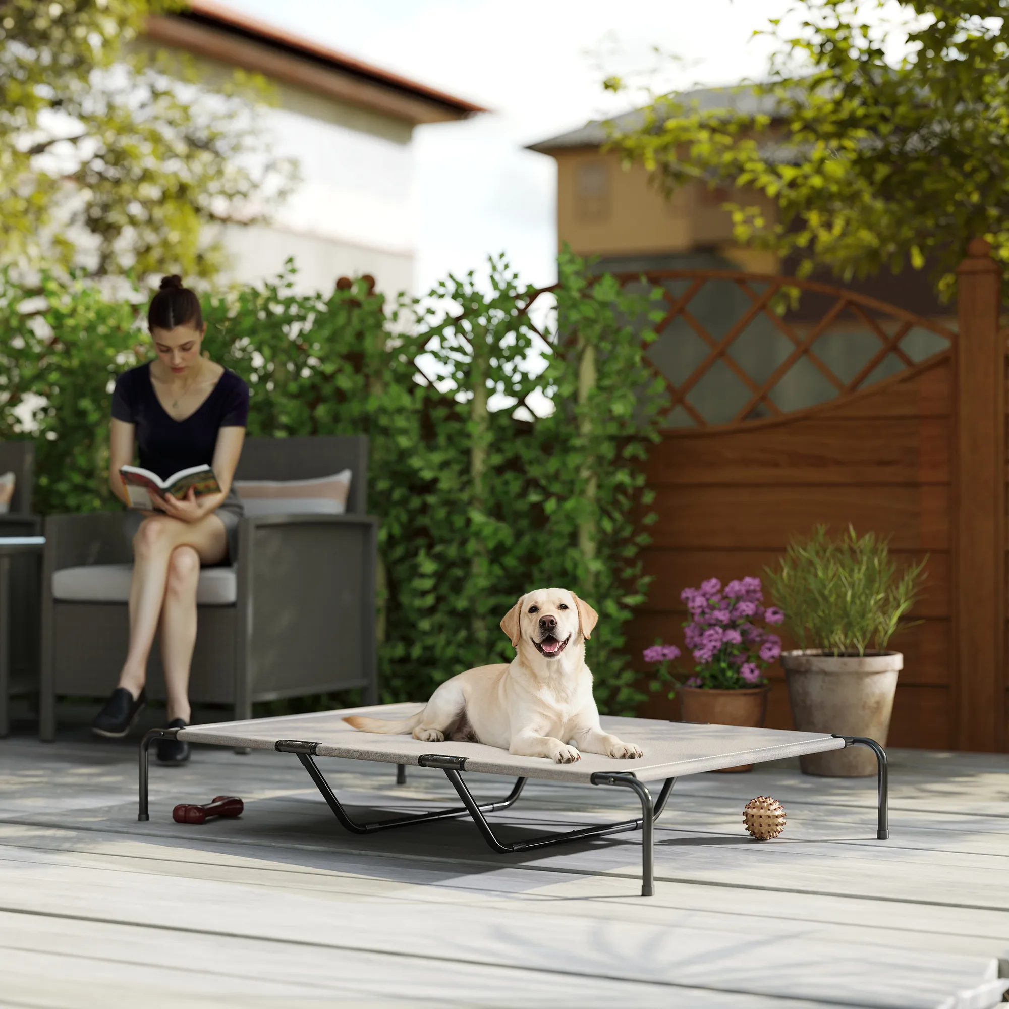 Hundebett Outdoor erhöht für große Hunde, Stahl, 152x94x23 cm, Beige