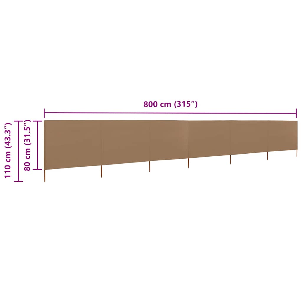 6-teiliger faltbarer Windschutz 800x80 cm in Taupe