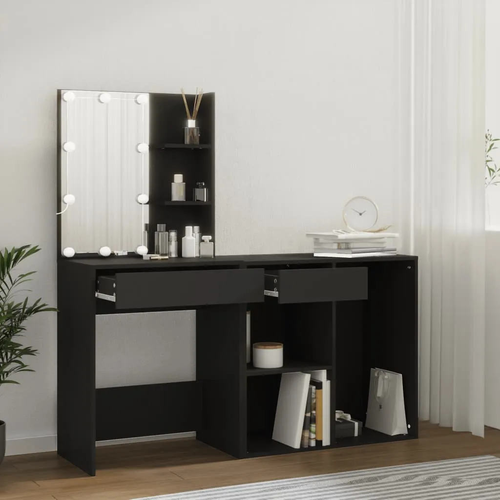 Schwarzes Schminktisch-Set mit LED-Beleuchtung, 60x40x140 cm & 80x40x75 cm