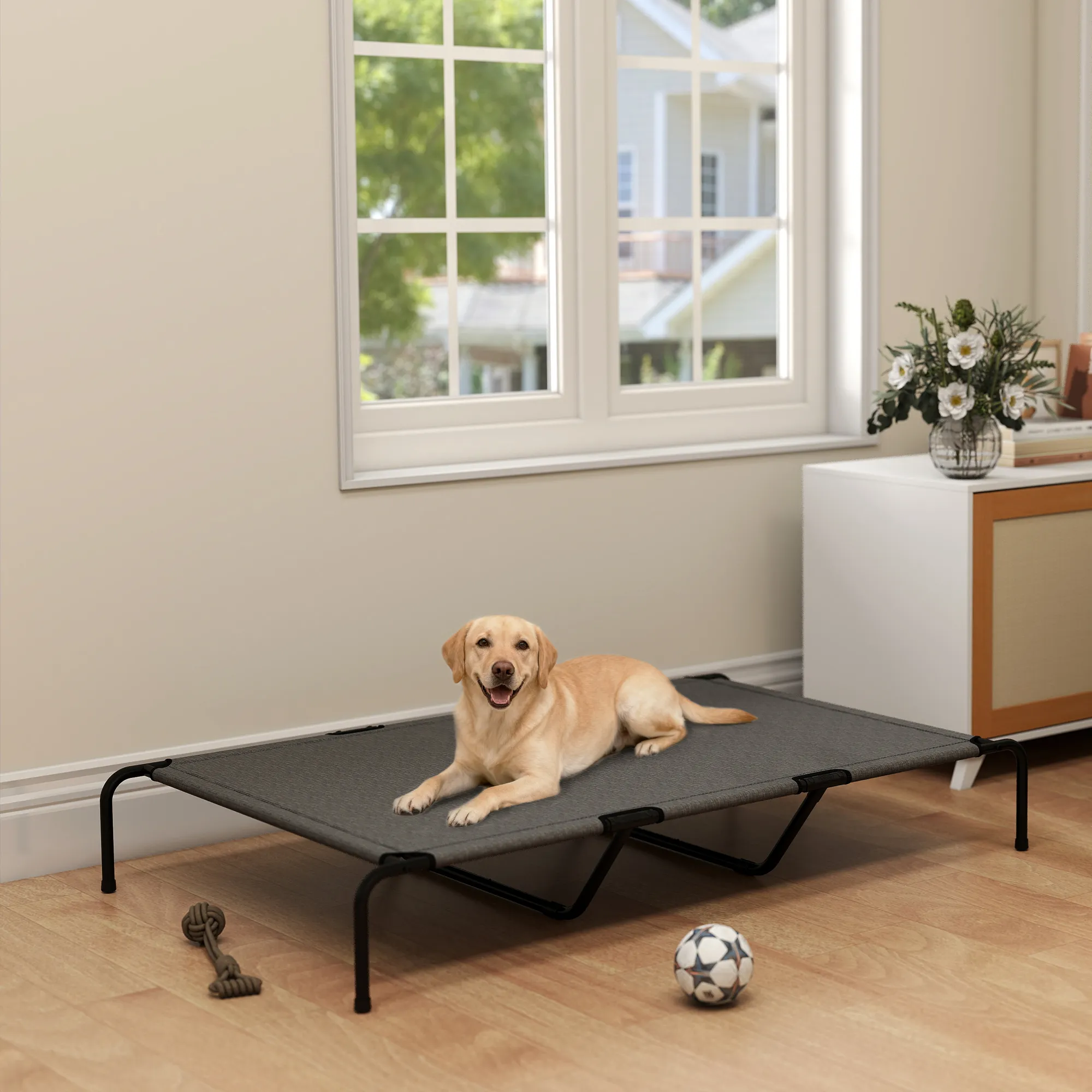 Hundebett Outdoor erhöht für große Hunde, Stahl, 152x94x23 cm, Grau