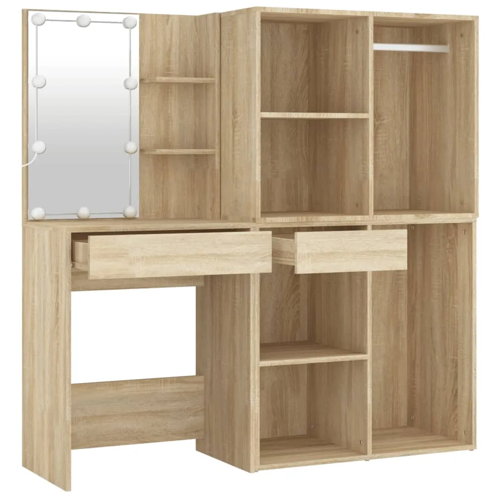 LED-Schminktisch Sonoma-Eiche 60x40x140 cm mit 2 Schränken