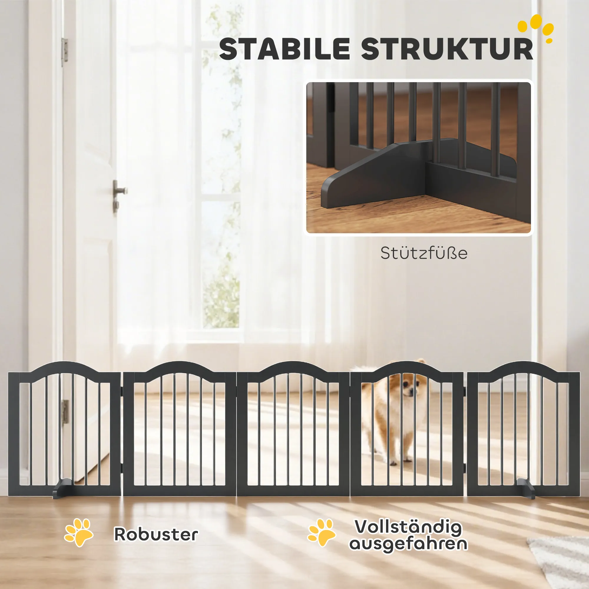 Hundegitter freistehend aus Holz, klappbar, 261,5 x 61 cm, Schwarz