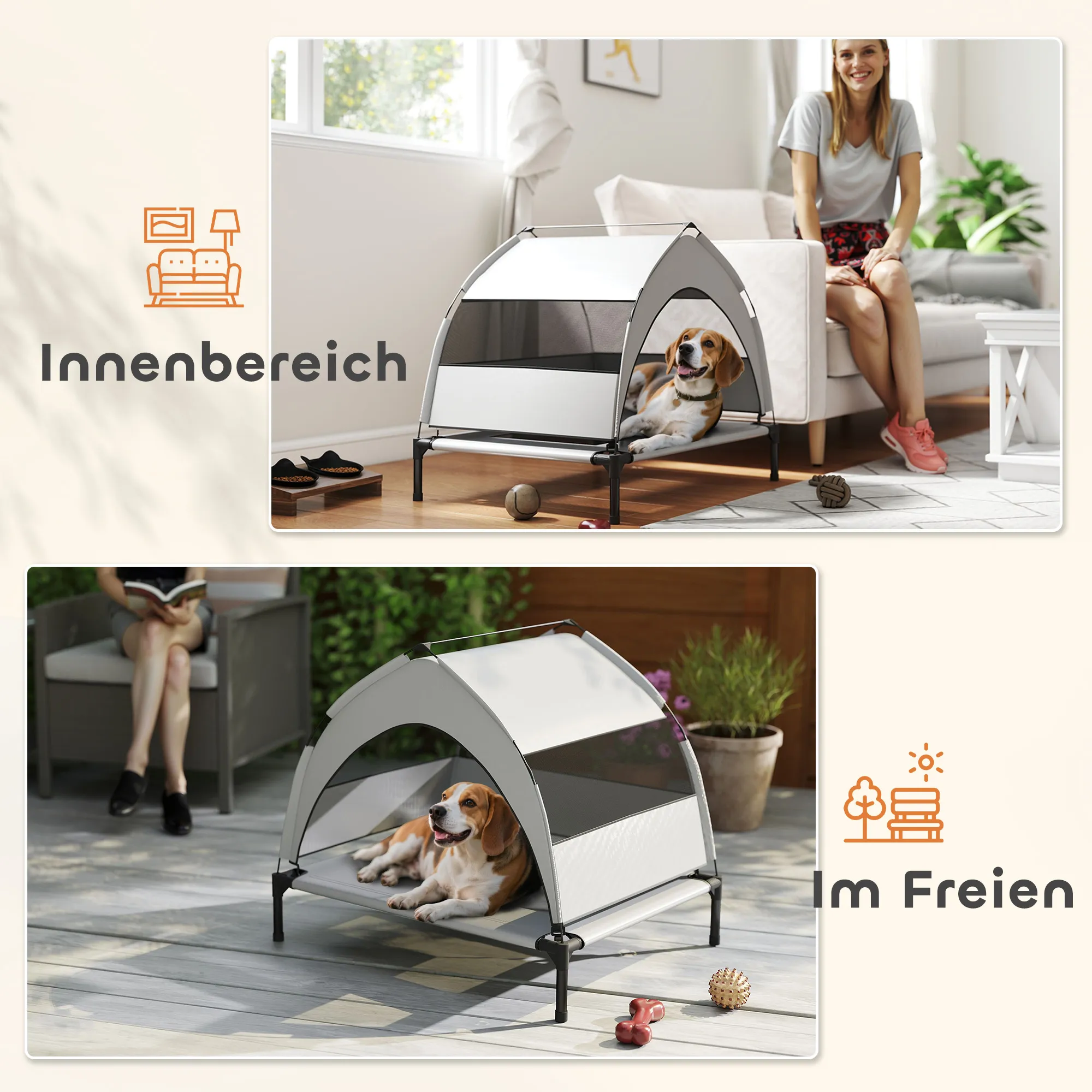 Hundebett Outdoor erhöht mit Dach, Stahlrahmen, 76x61x70cm, Hellgrau