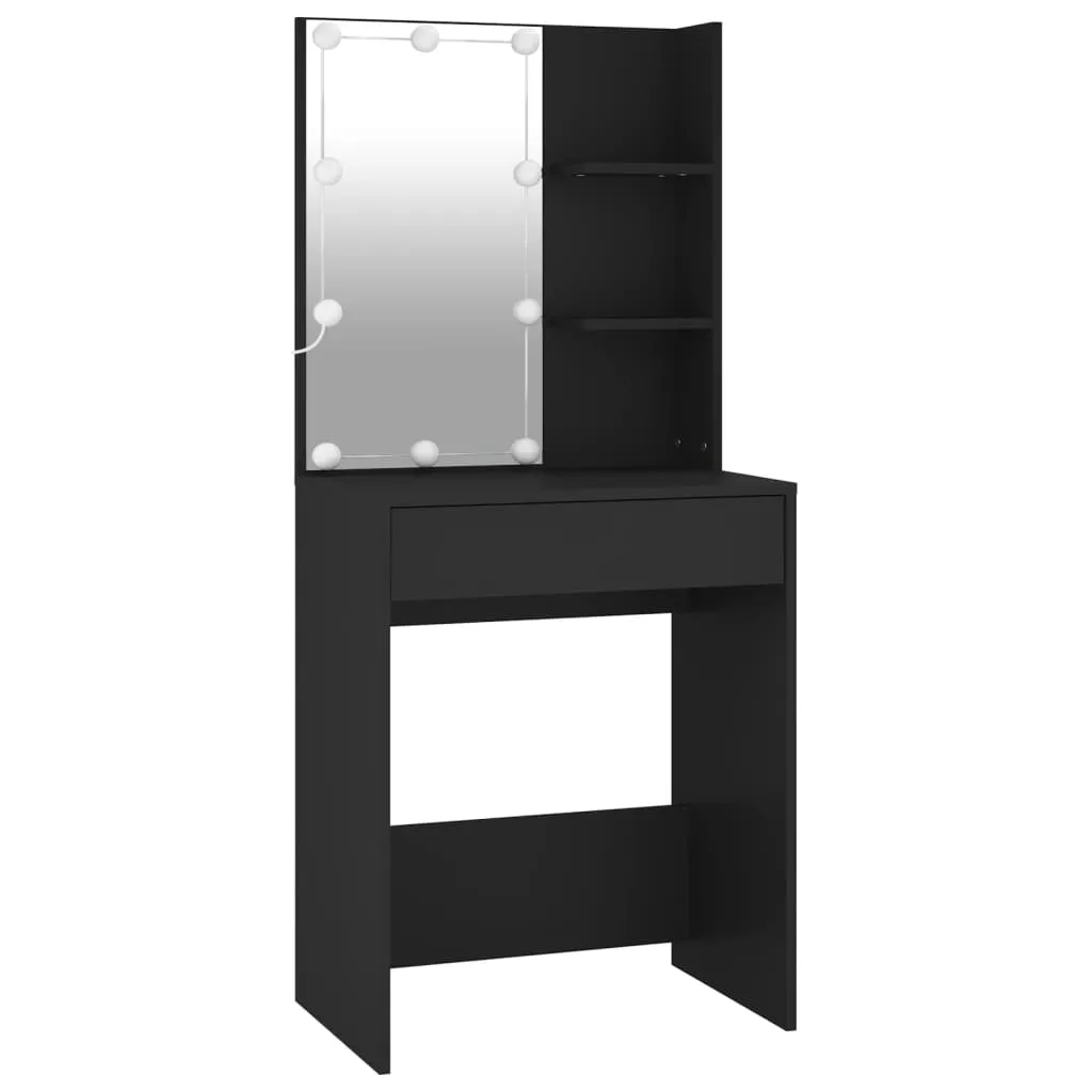 Schwarzes Schminktisch-Set mit LED-Beleuchtung, 60x40x140 cm & 80x40x75 cm