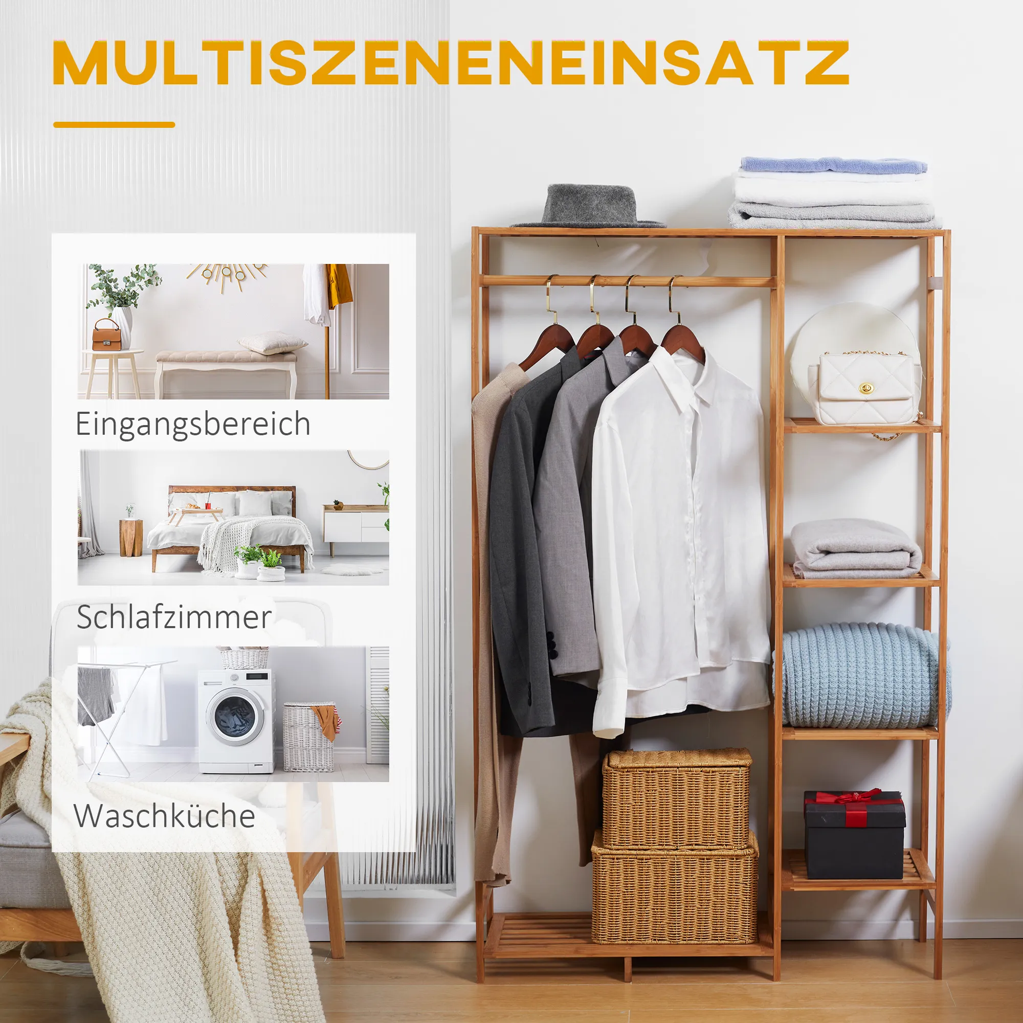Bambus-Kleiderständer 90L x 30B x 145H cm Naturholz