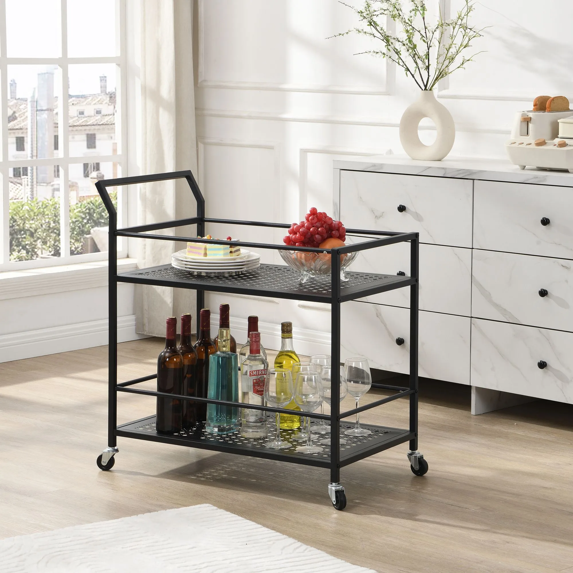 Servierwagen Metall Schwarz 79x45x83 cm mit Rollen & Bremsen