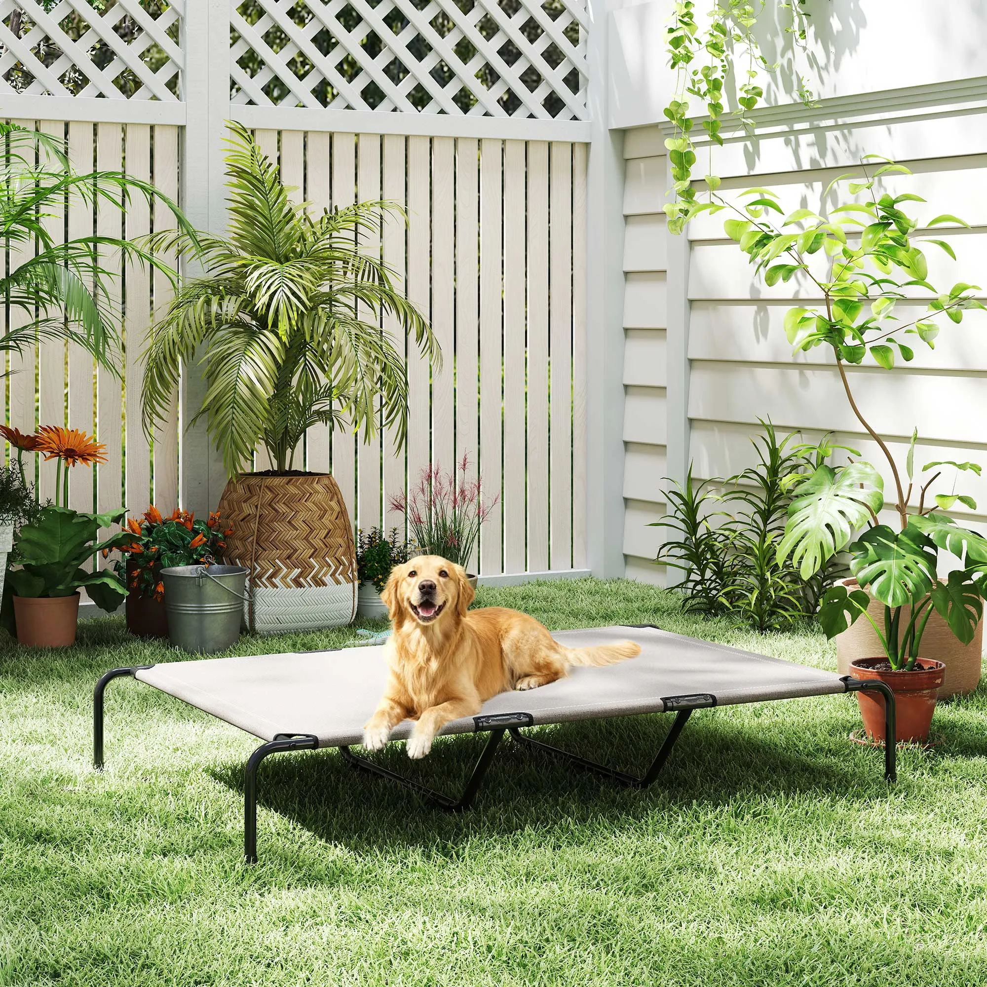 Hundebett Outdoor erhöht für große Hunde, Stahl, 152x94x23 cm, Beige
