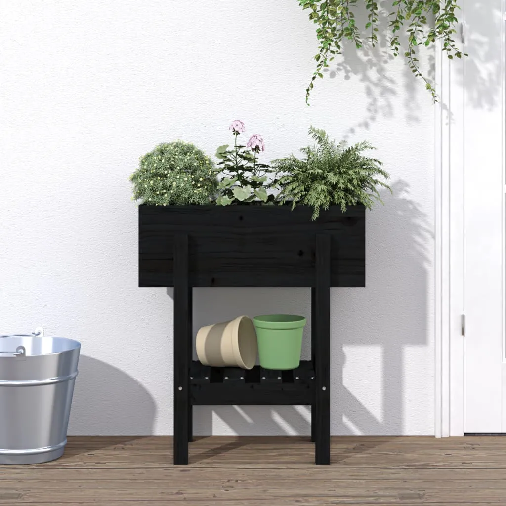 Pflanzkübel aus Massivholz 62 x 30 x 69 cm Schwarz mit Ablage