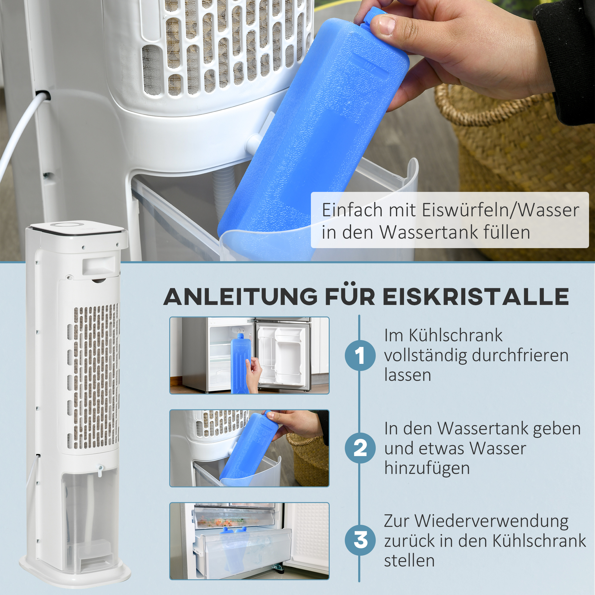2 in 1 Luftkühler mit Wasserkühlung 5L Wassertank, 12h Timer, für 20 ㎡