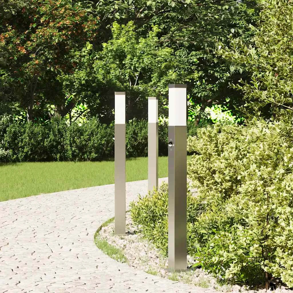 Silberne Edelstahl Pollerleuchte 10x10x80 cm mit Bewegungsmelder IP44