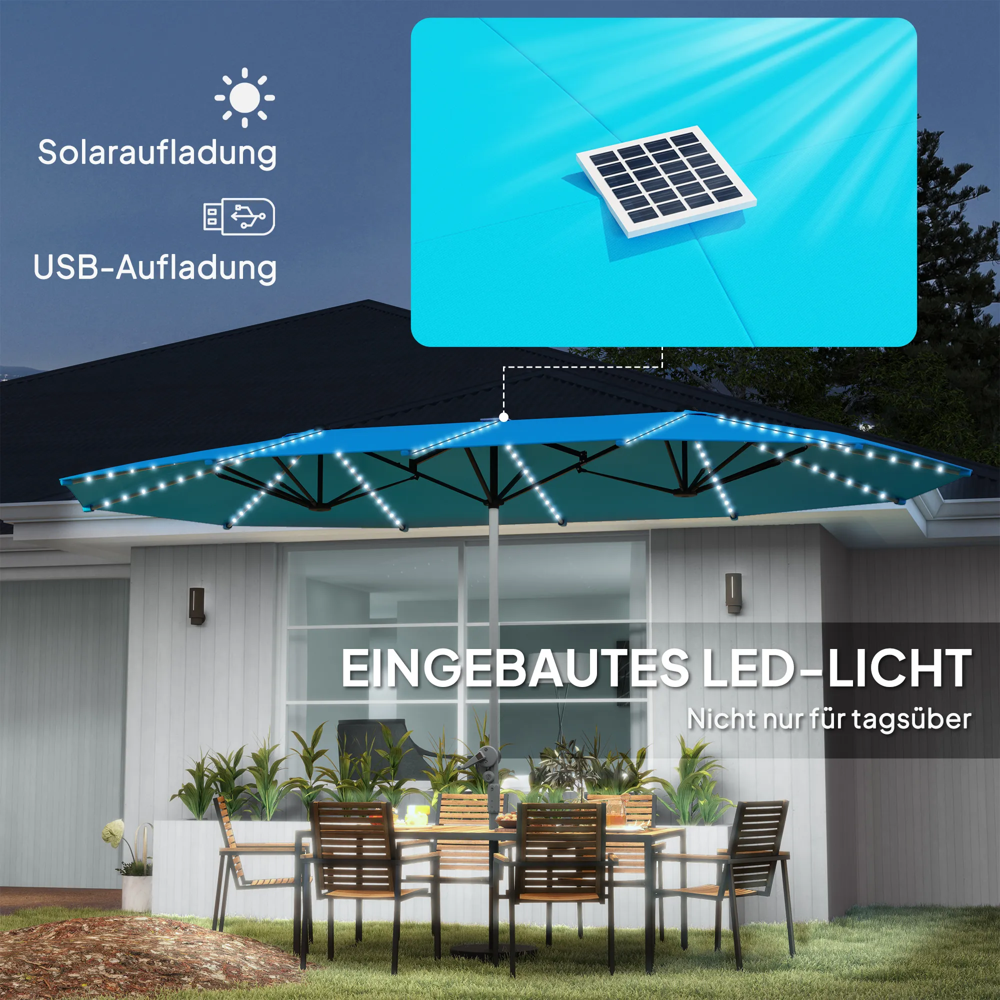 Doppelsonnenschirm Blau 451L x 267B x 249H cm mit Lichtern
