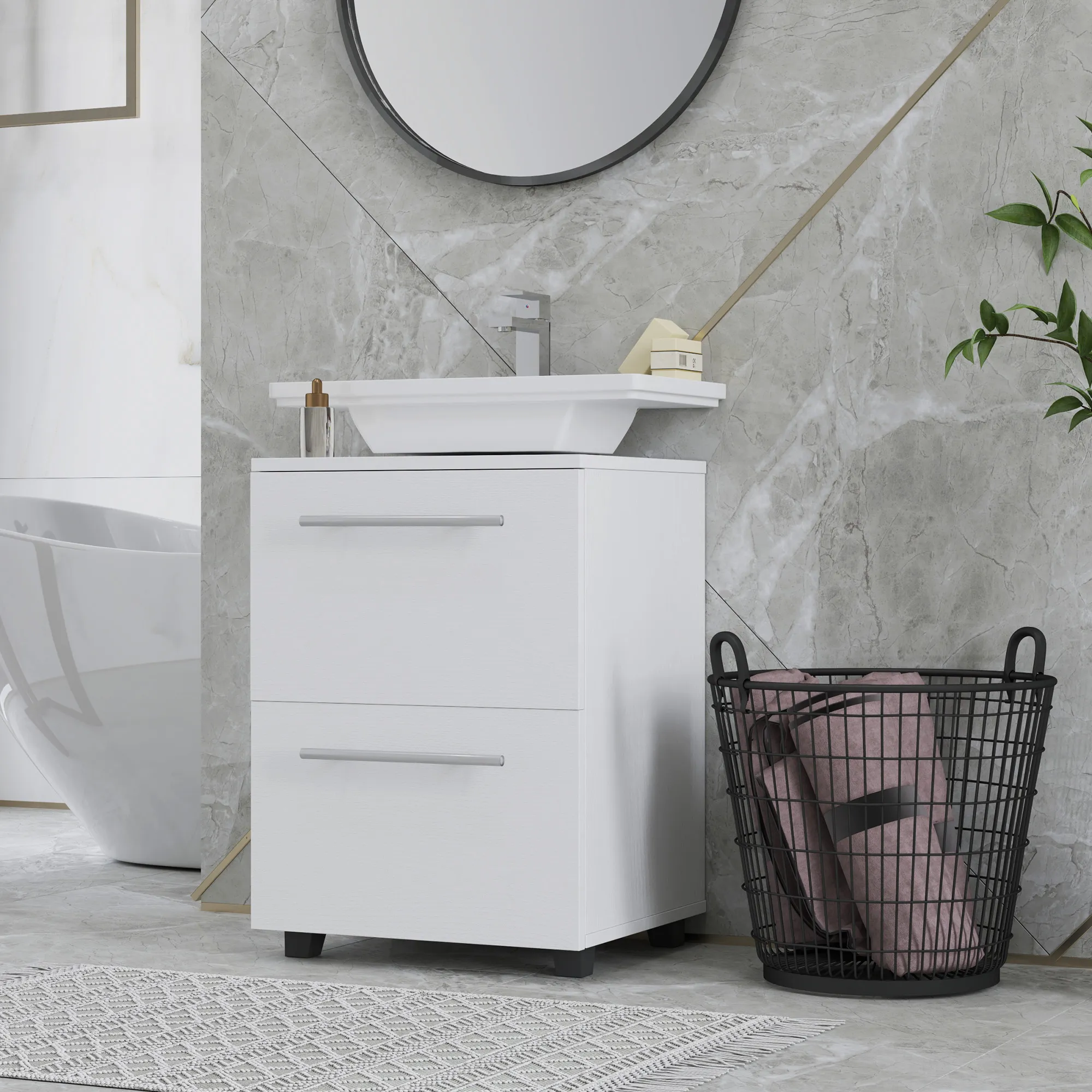 Badezimmerschrank, Waschbecken-Kommode mit Schublade, kompakt, Spanplatte, Weiß