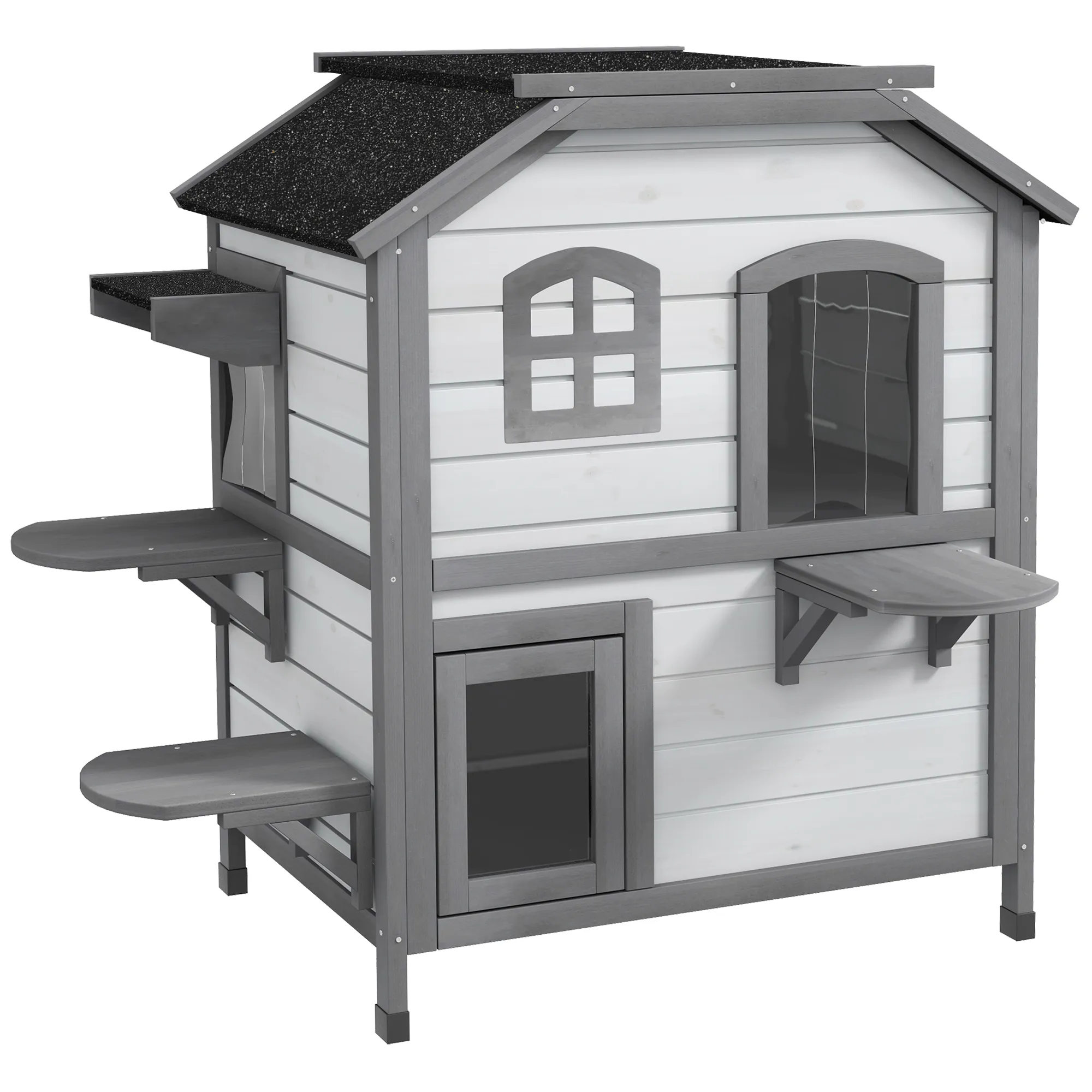 Katzenhaus aus Tannenholz 99,5x76x91 cm in Hellgrau+Weiß