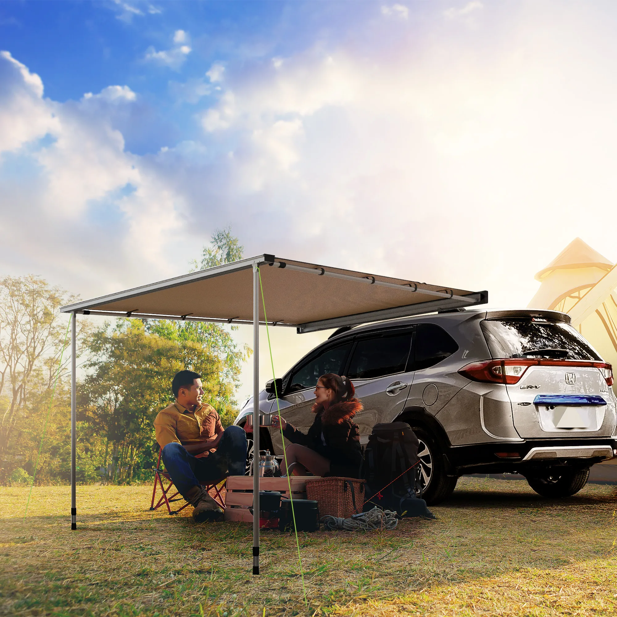 Car Side Awning 160L x 250B x 125-225H cm in Khaki