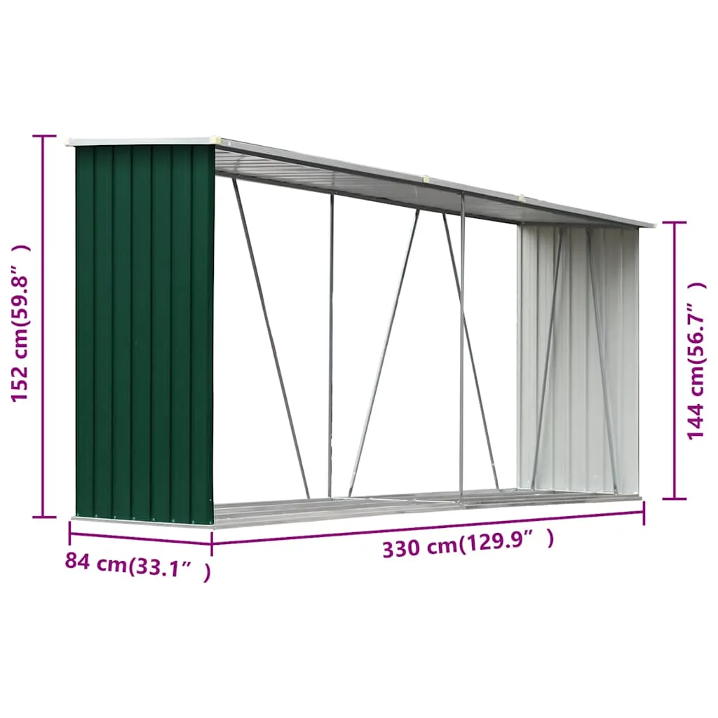 Brennholzschuppen aus verzinktem Stahl 330x84x144/152 cm Grün