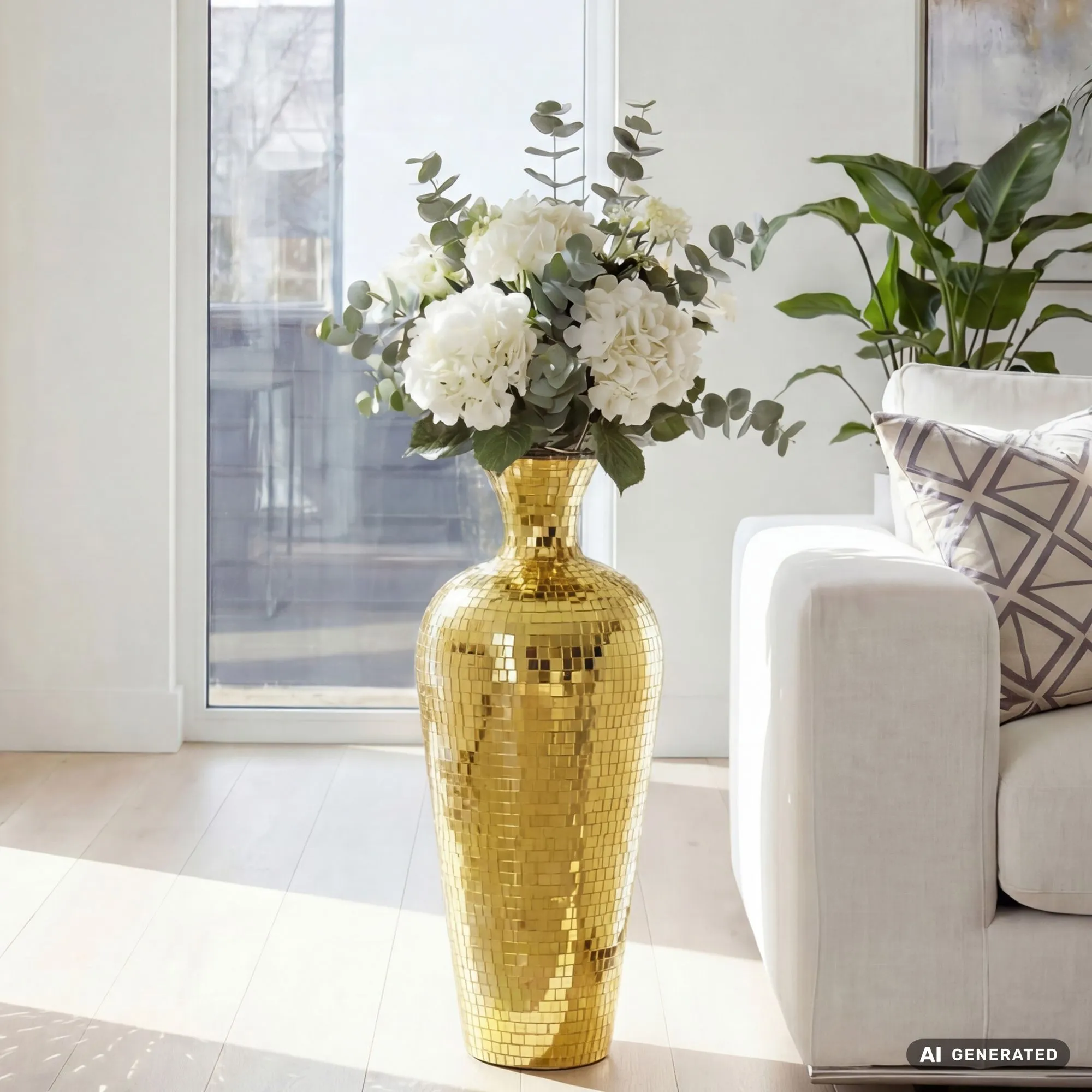 Bodenvase Aluminium 70cm Gold - Blumenvase Groß - Metallvase im Discokugel Design Modern - Dekovase rund für Trockenblumen - XL Standvase Hoch - Wohnzimmer Deko - Wohndeko Handmade