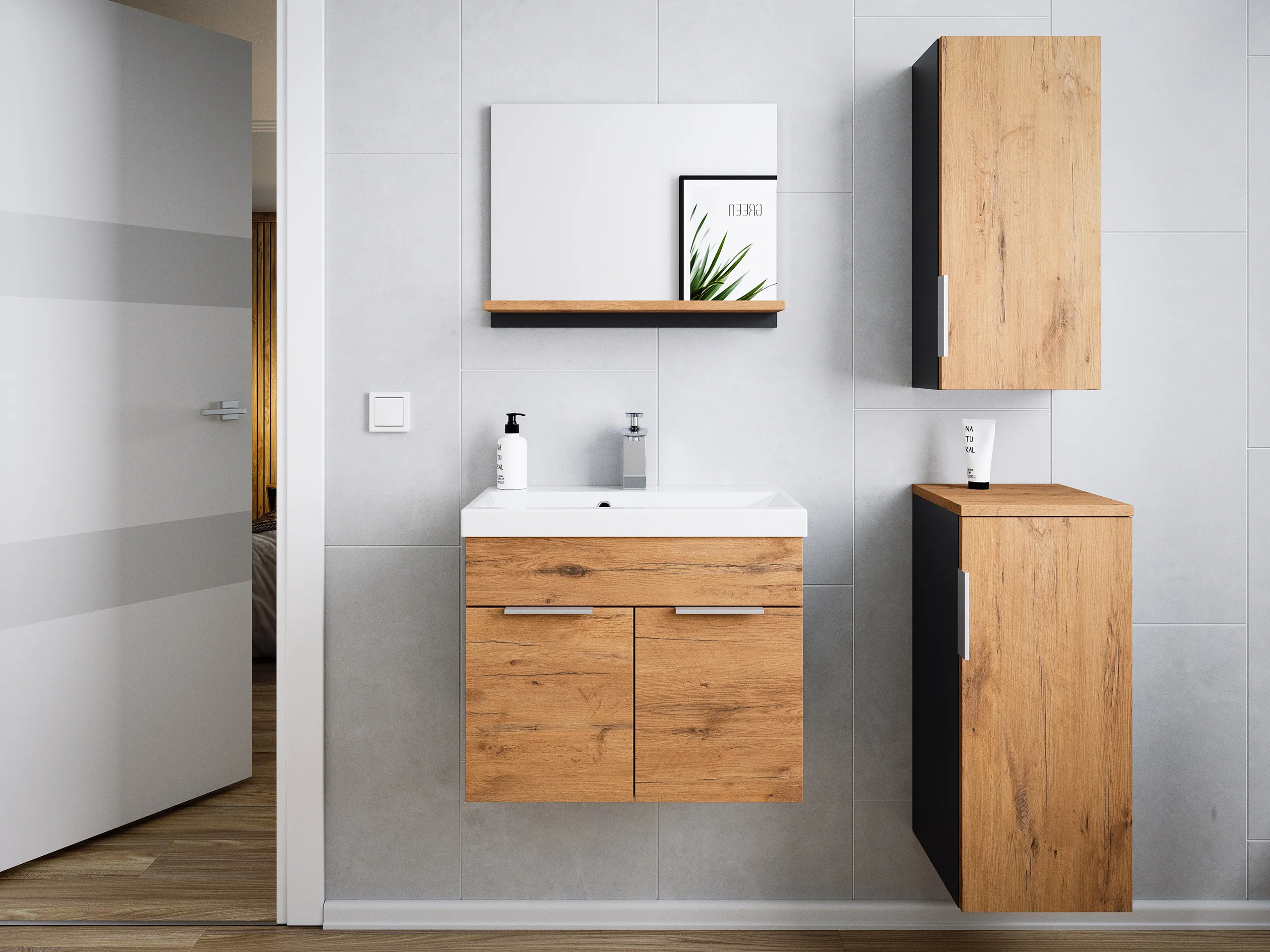 Badmöbel-Set Slimline Lago 4tlg mit Spiegel Oak & Midischränke / grafit matt
