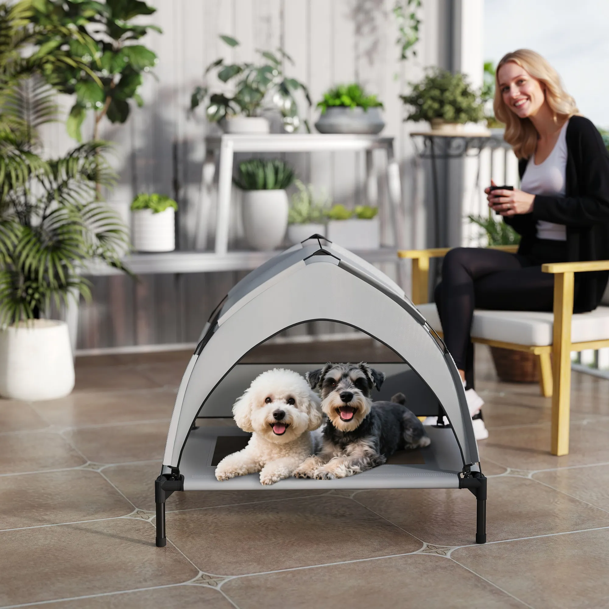 Hundebett Outdoor erhöht mit Dach, Stahlrahmen, 76x61x70cm, Hellgrau