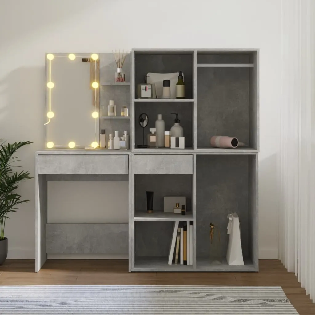 LED-Schminktisch Betongrau 60x40x140 cm mit 2 Schränken aus Holzwerkstoff