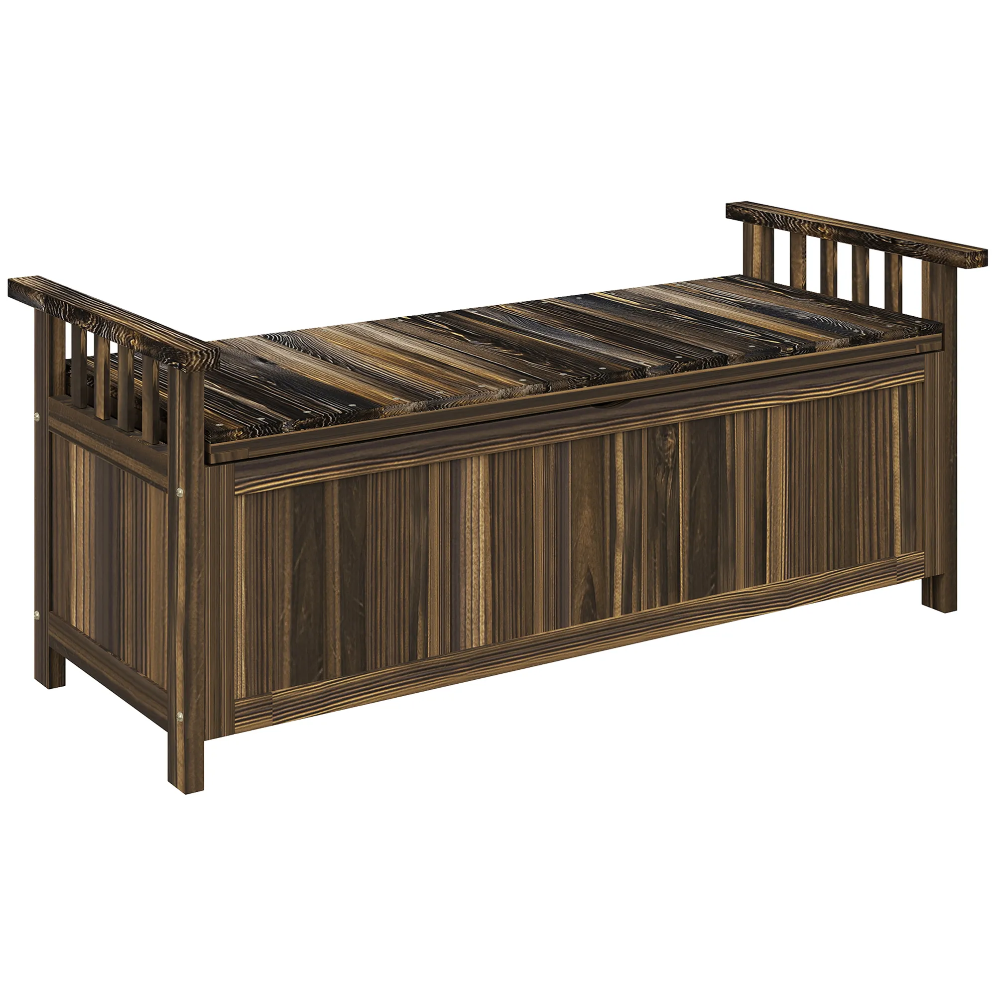 2-Sitzer Gartenbank Holz, wetterfest Sitzbank, Gartenmöbel mit Stauraum Armlehnen 128,5 x 52 x 53,5cm, Verkohlt