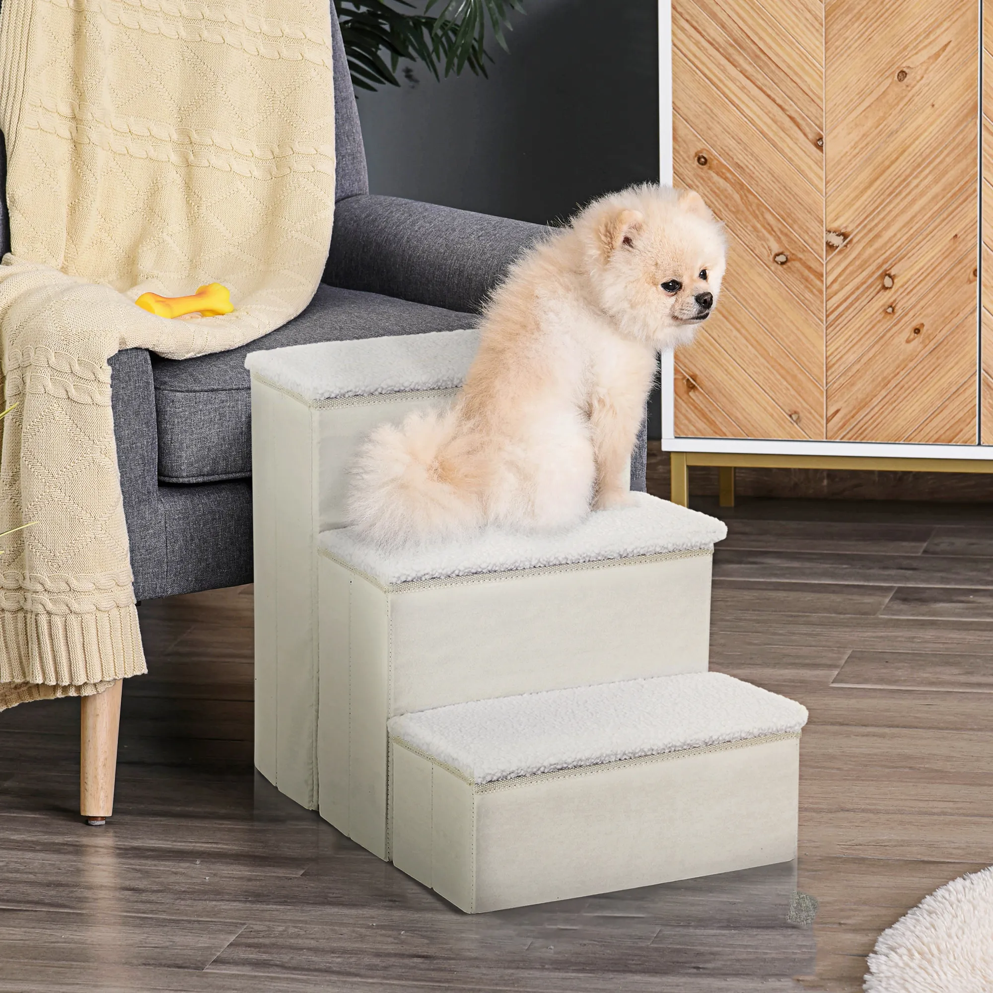 Hundetreppe 3 Stufen klappbar mit Stauraum, Weiß, 48 cm hoch