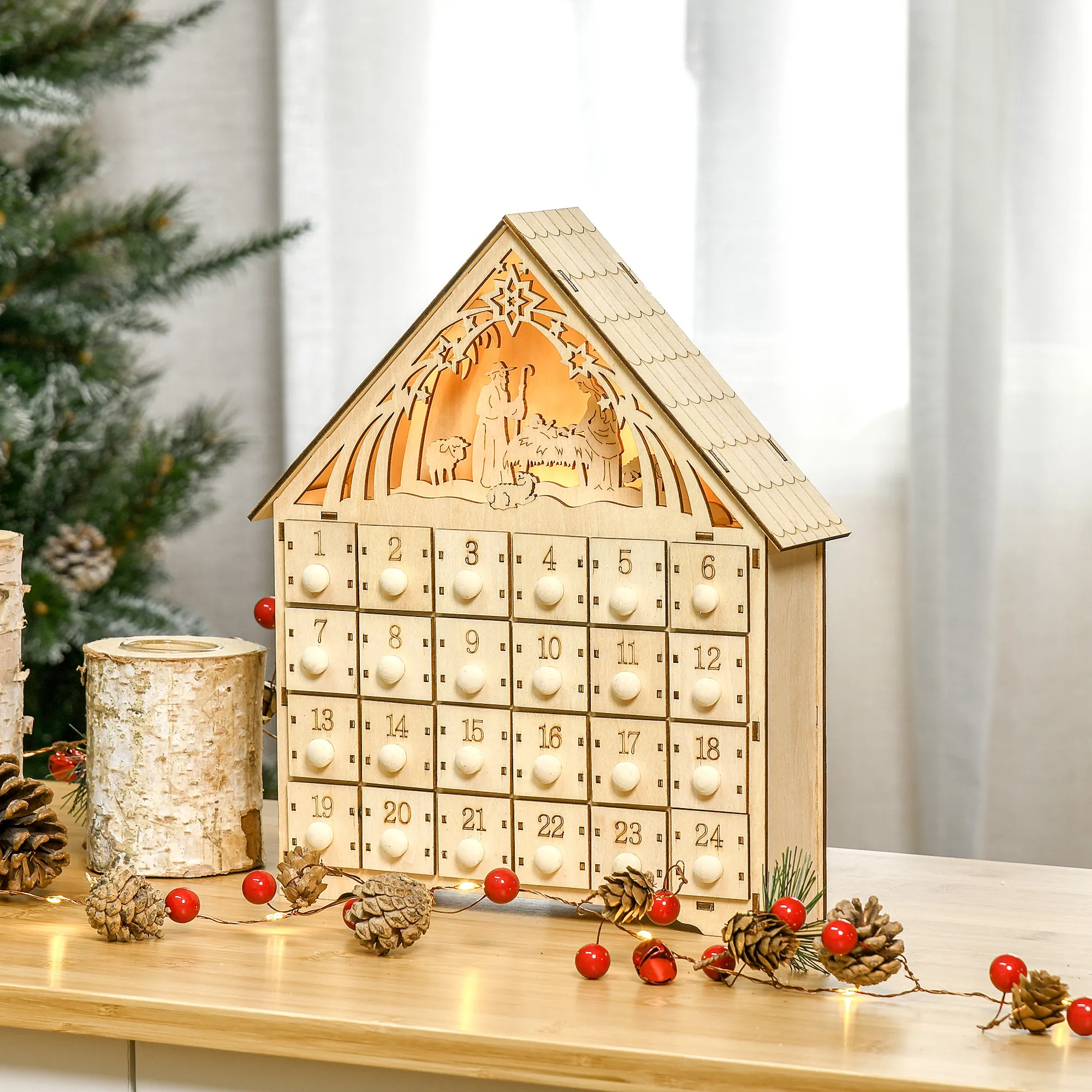 Adventskalender aus Sperrholz mit LED-Beleuchtung, Natur, 30 cm