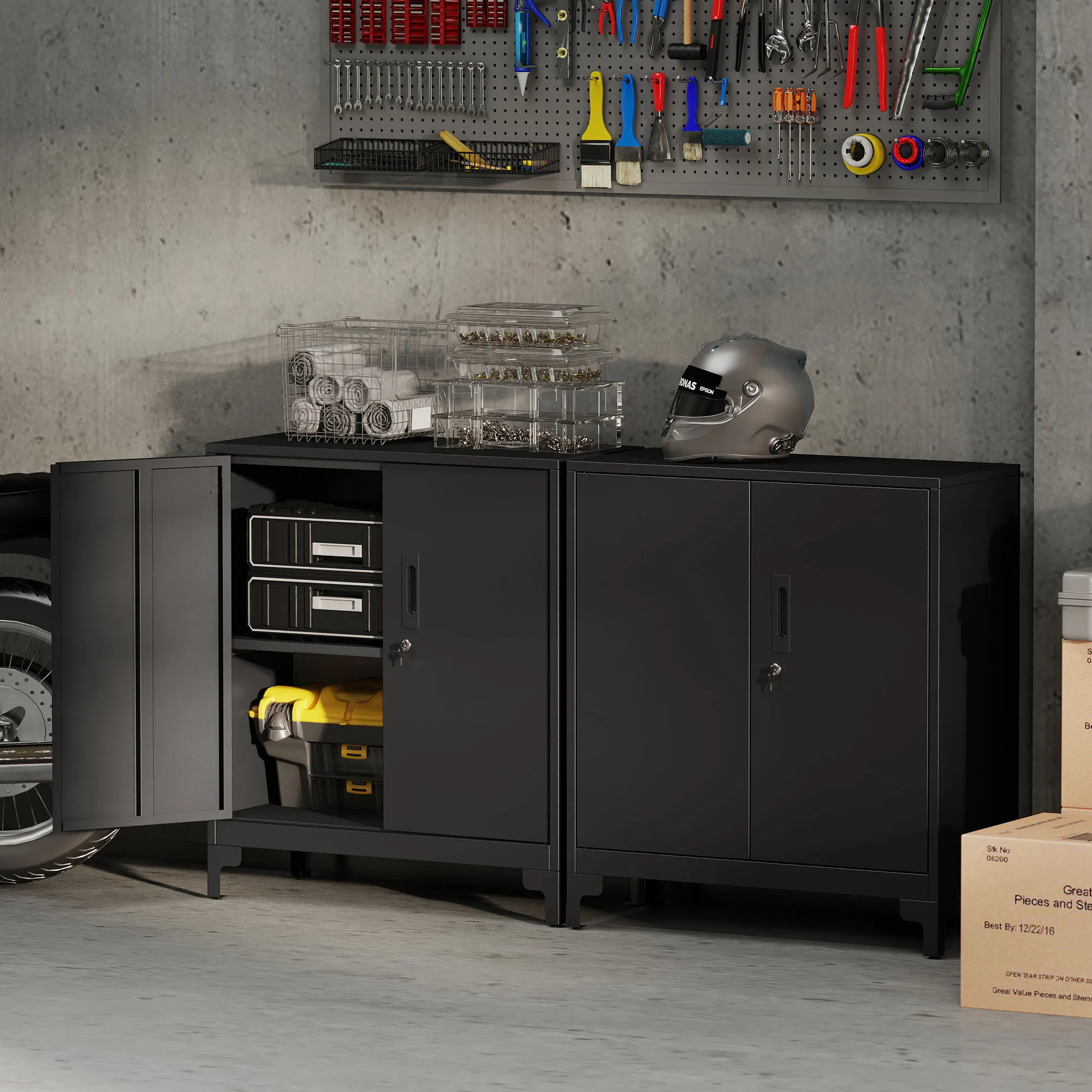 Büroschrank aus Metall, verschließbare Türen, Bürokommode, 2-stufiges Design, Schwarz
