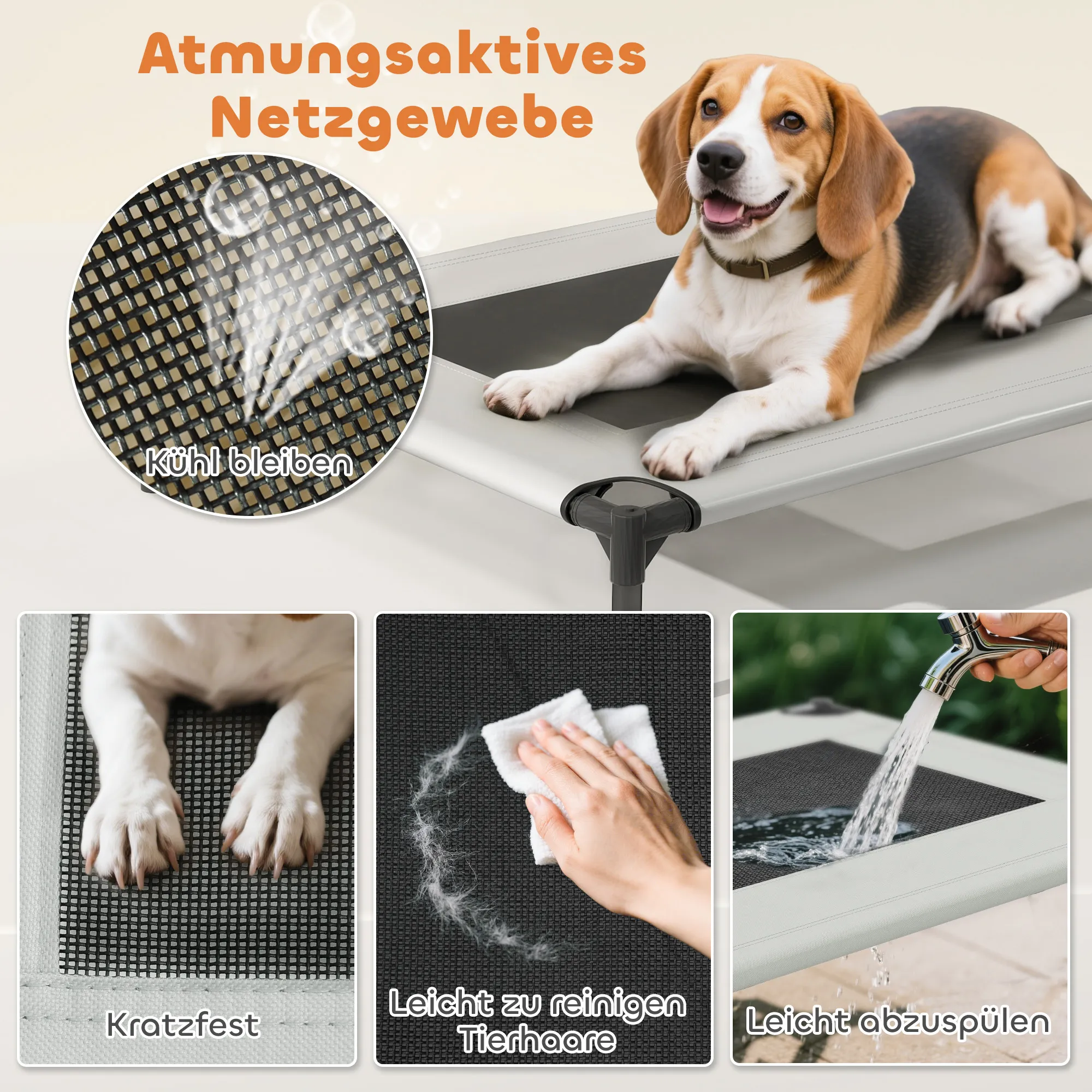 Hundebett Outdoor erhöht mit Dach, Stahlrahmen, 76x61x70cm, Hellgrau