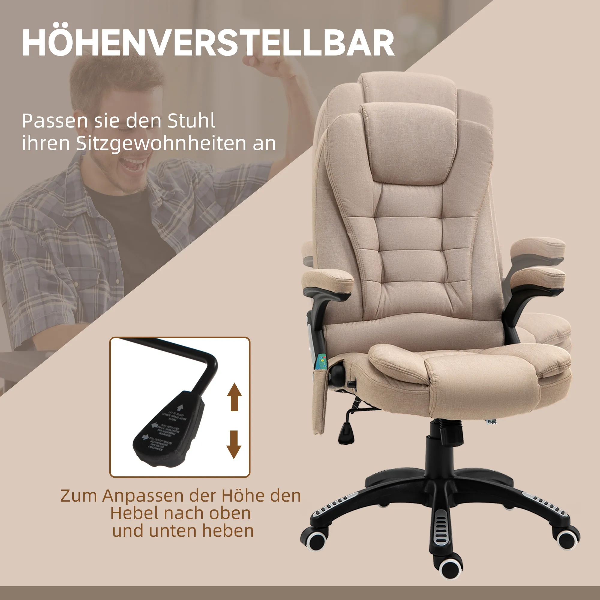 Massagesessel mit Wärmefunktion, Ergonomischer Schreibtischstuhl, höhenverstellbar, 68L x 72B x 110-120 cm, Braun
