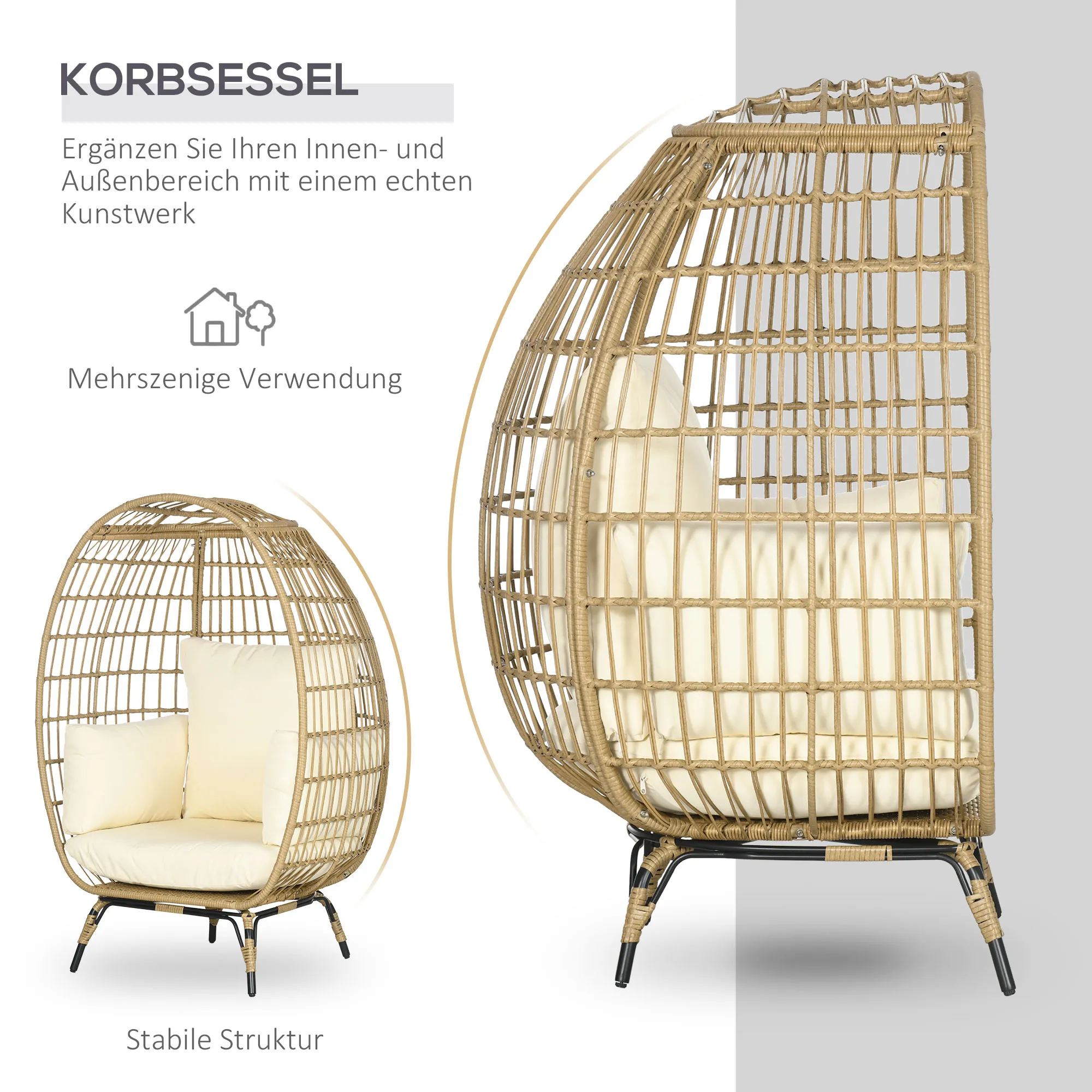 Korbstuhl Khaki-Beige 105L x 90B x 148H cm