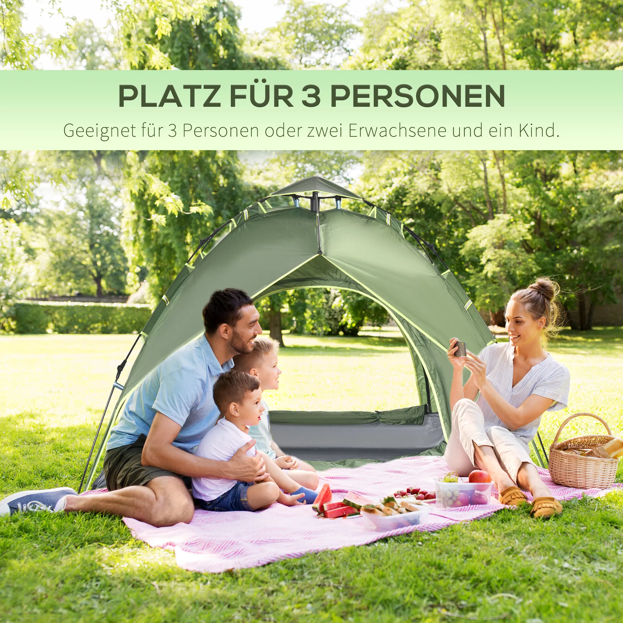 Quick-Up Campingzelt 3 Personen 210x210x140 cm Dunkelgrün