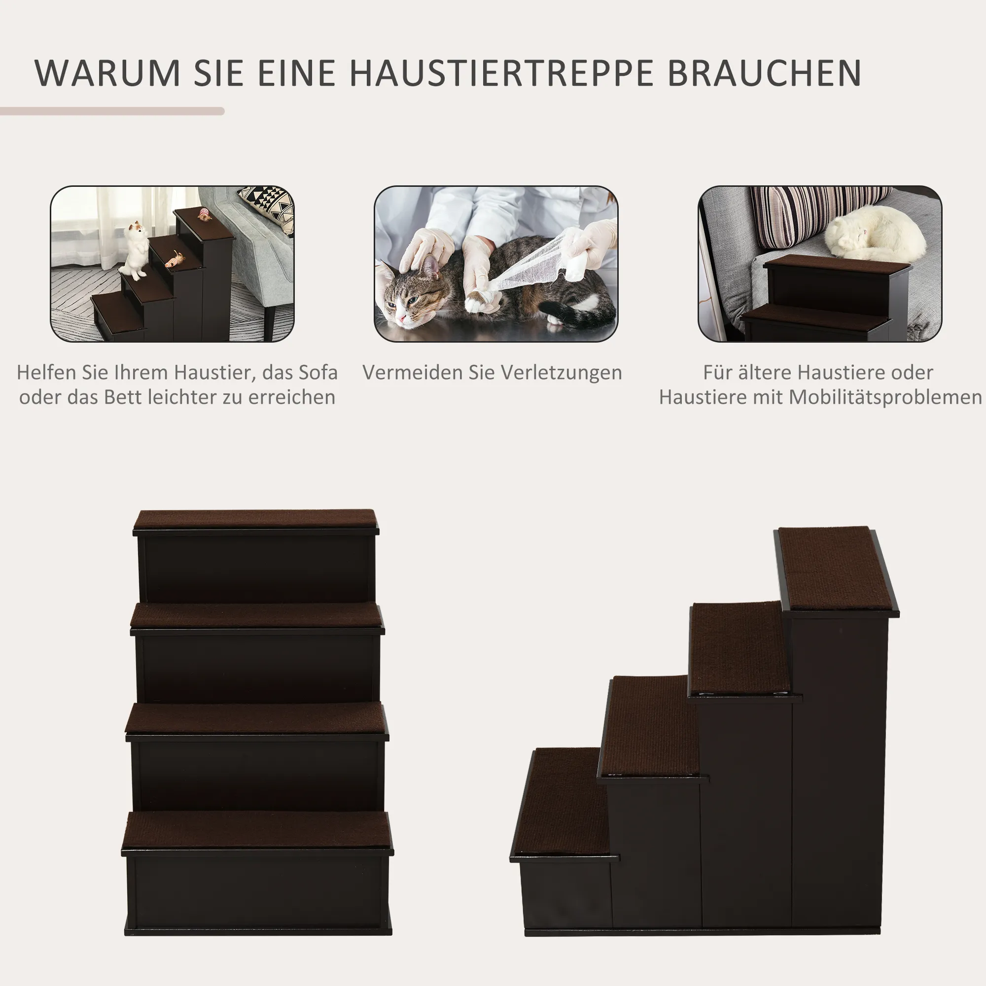 Haustiertreppe für Hunde & Katzen, 4-stufig, MDF, Dunkelbraun