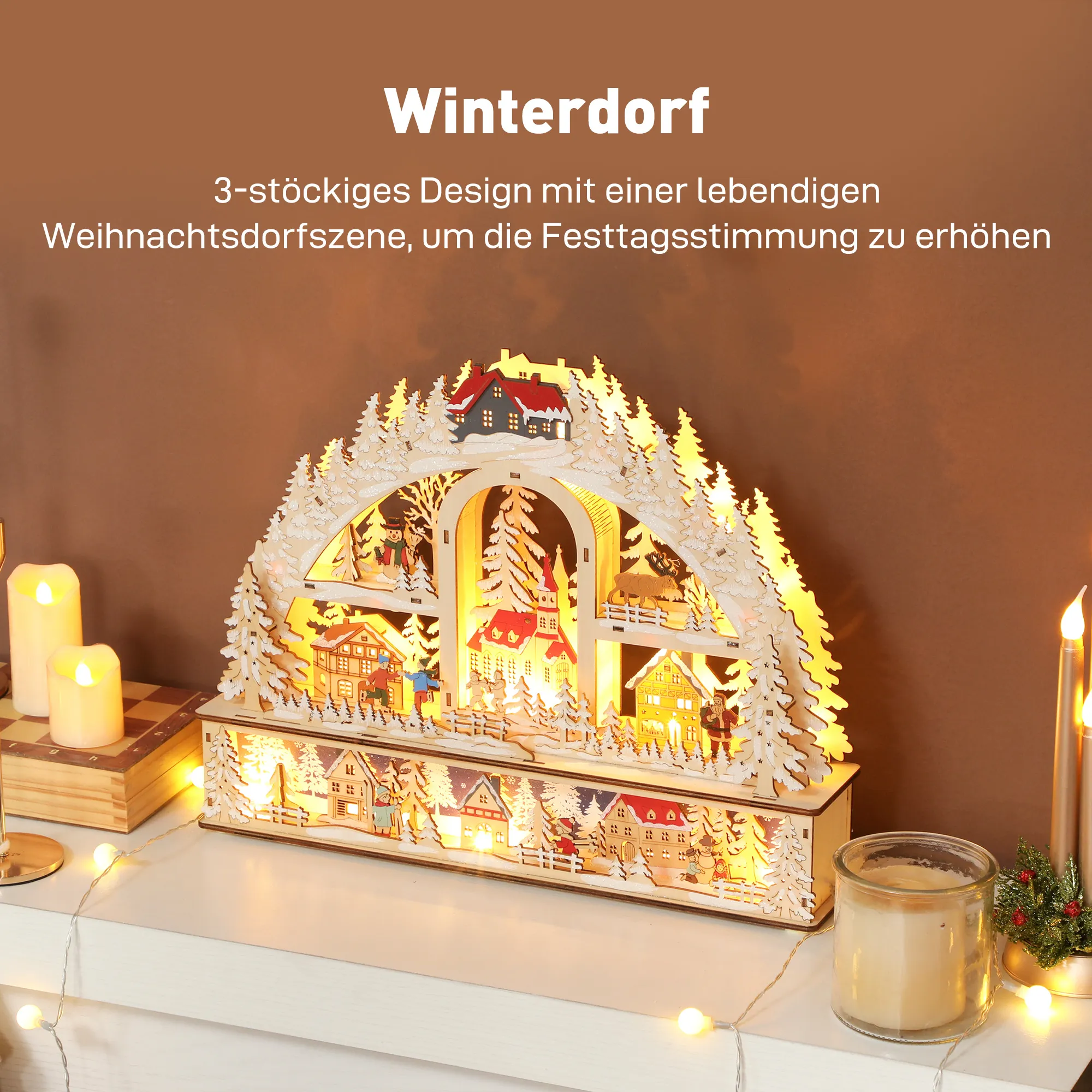 Weihnachtsdorf LED Weihnachtsstadt Naturholz 45x10x35 cm
