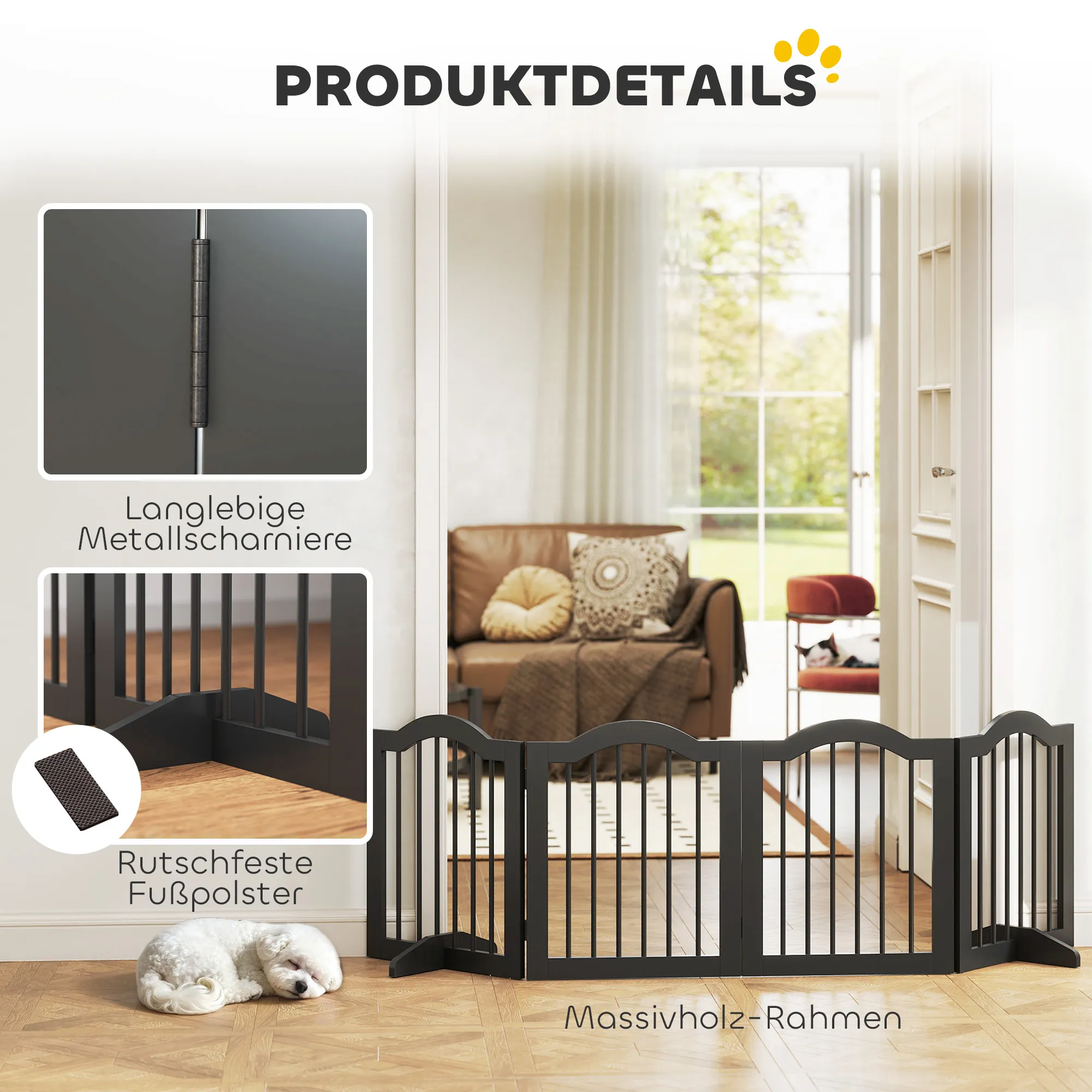 Hunde Absperrgitter klappbar aus Holz, 208 x 61 cm, Schwarz