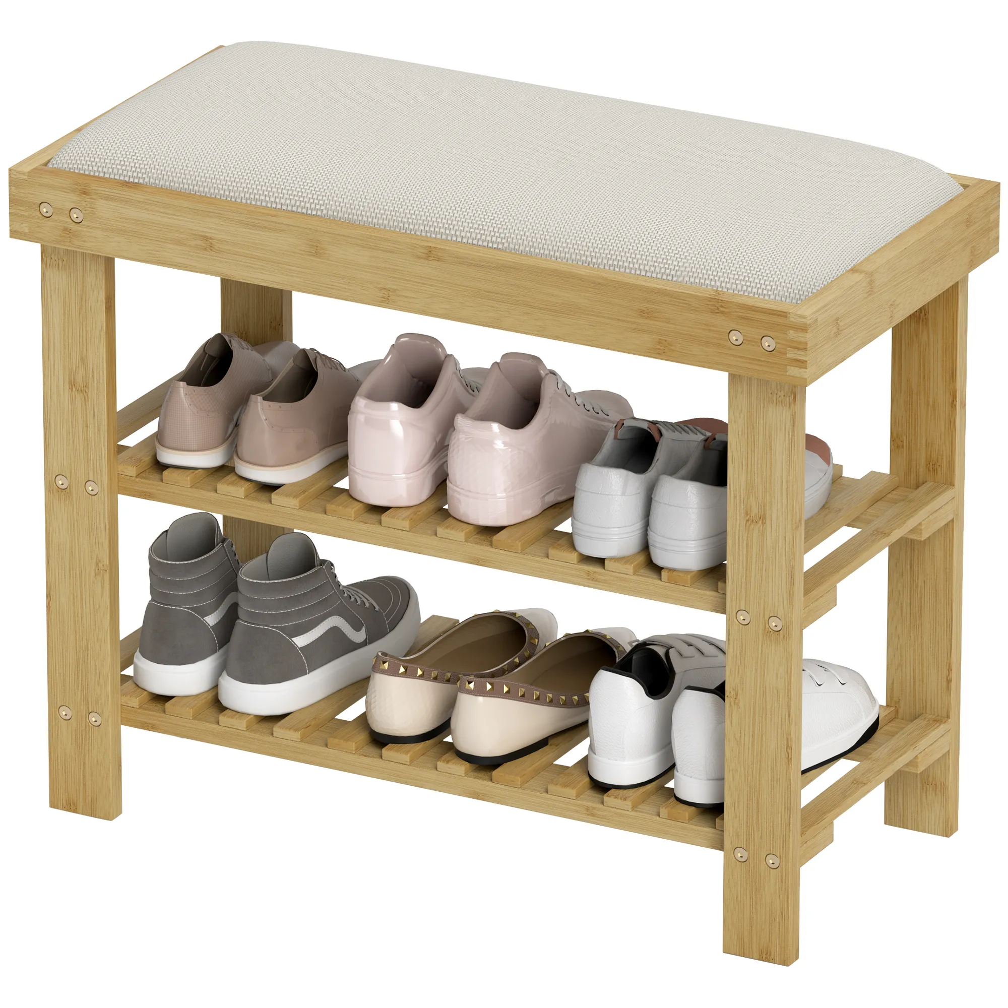 Schuhbank mit Sitzfläche, Bambus Sitzbank mit Stauraum, 2 offene Fächer, Sitzbank 60 x 29 x 49 cm Cremeweiß