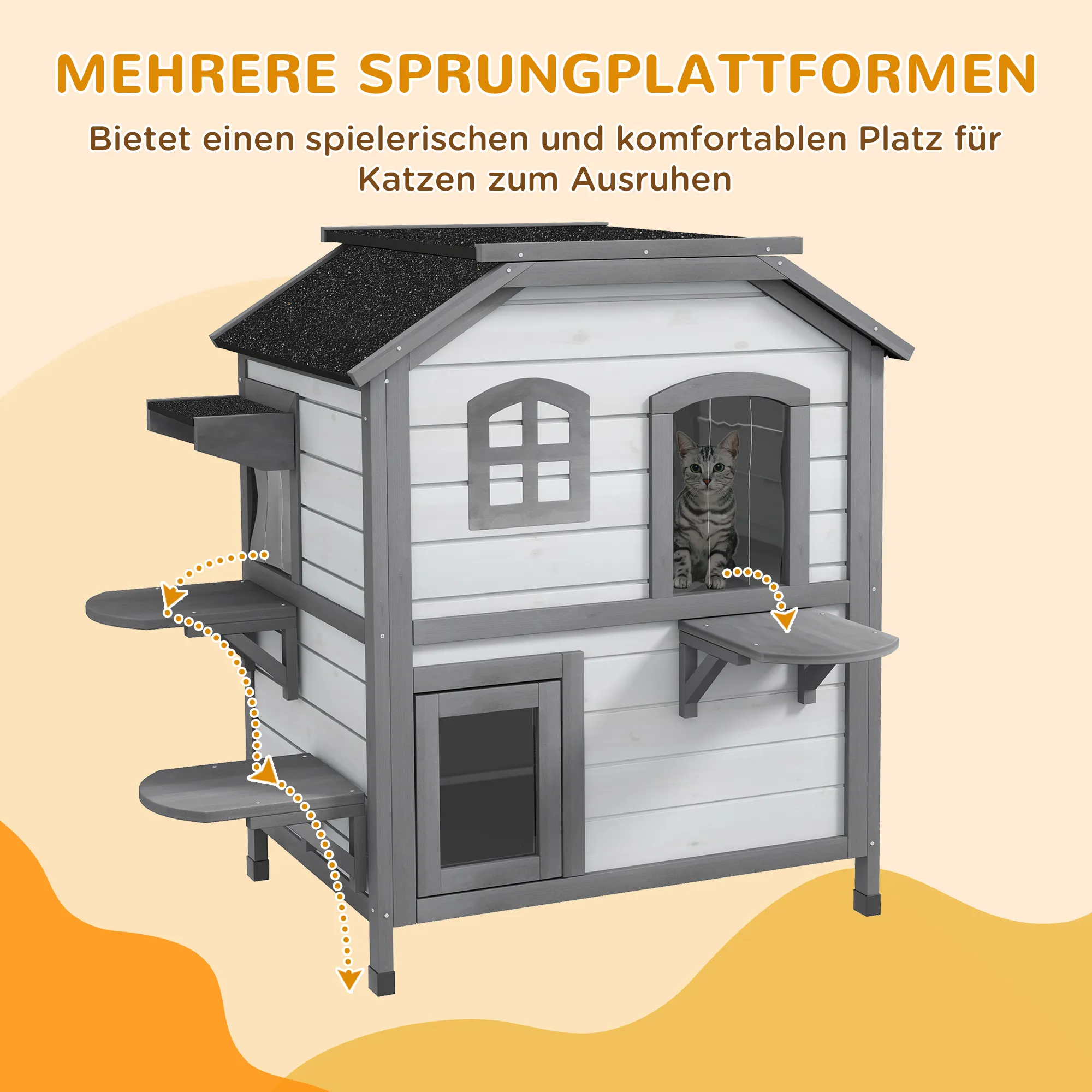 Katzenhaus aus Tannenholz 99,5x76x91 cm in Hellgrau+Weiß