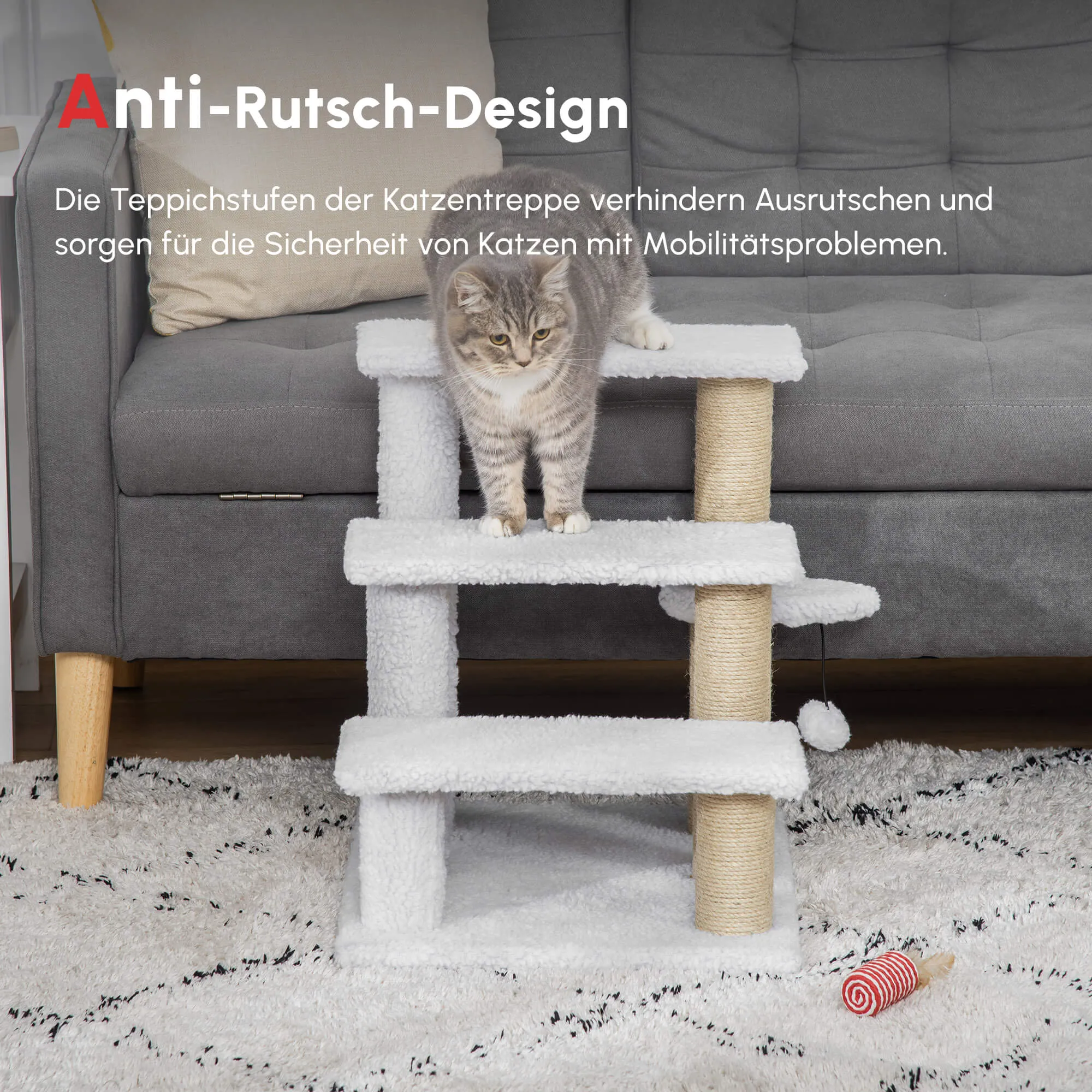 Katzentreppe mit Kratzsäulen und Spielball, Plüsch, Weiß, 48 cm hoch