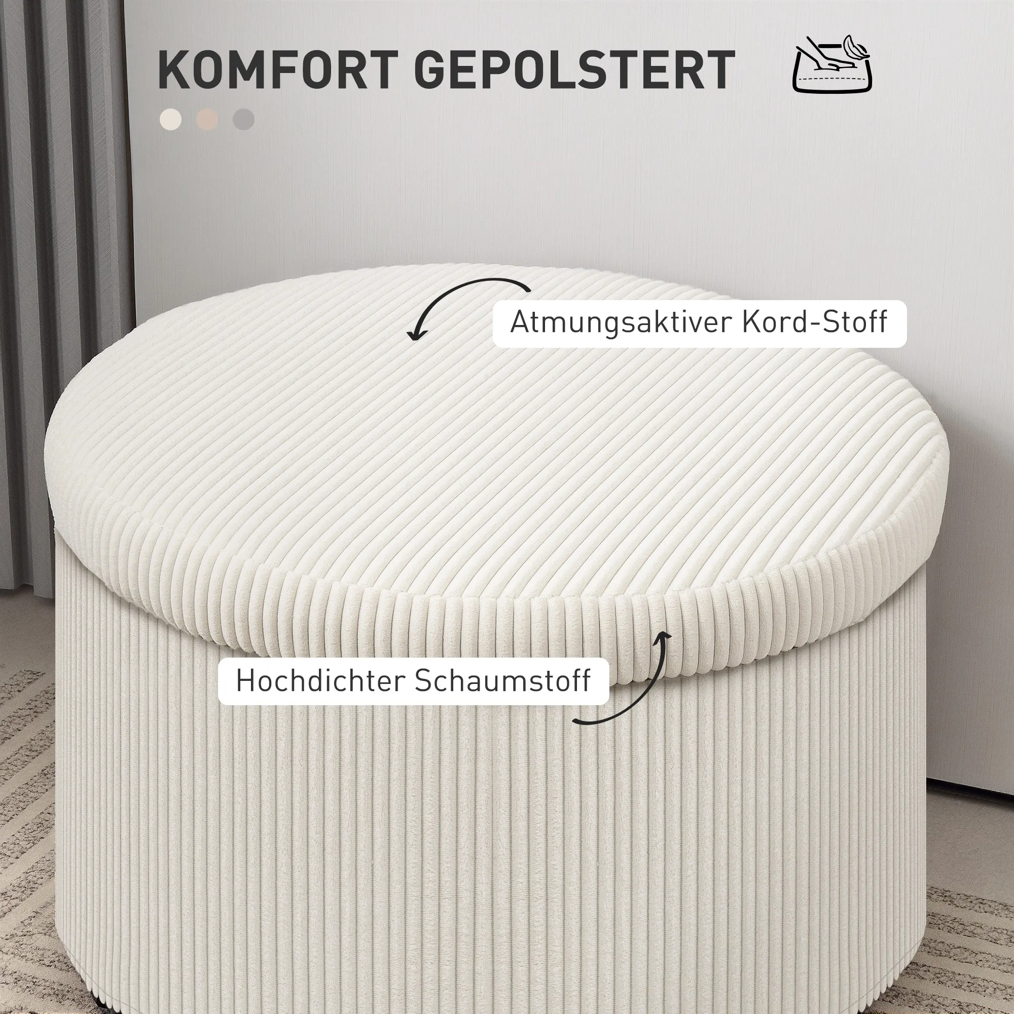 Fußhocker mit 97 L Stauraum, Cordstoff, Schaumstoff, Sitzhocker, Beige
