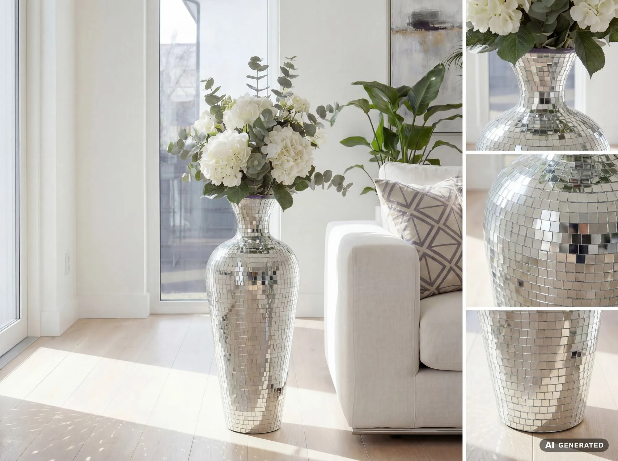 Bodenvase Aluminium 50cm Silber - Blumenvase Groß - Metallvase im Discokugel Design Modern - Dekovase rund für Trockenblumen - XL Standvase Hoch - Wohnzimmer Deko - Wohndeko Handmade