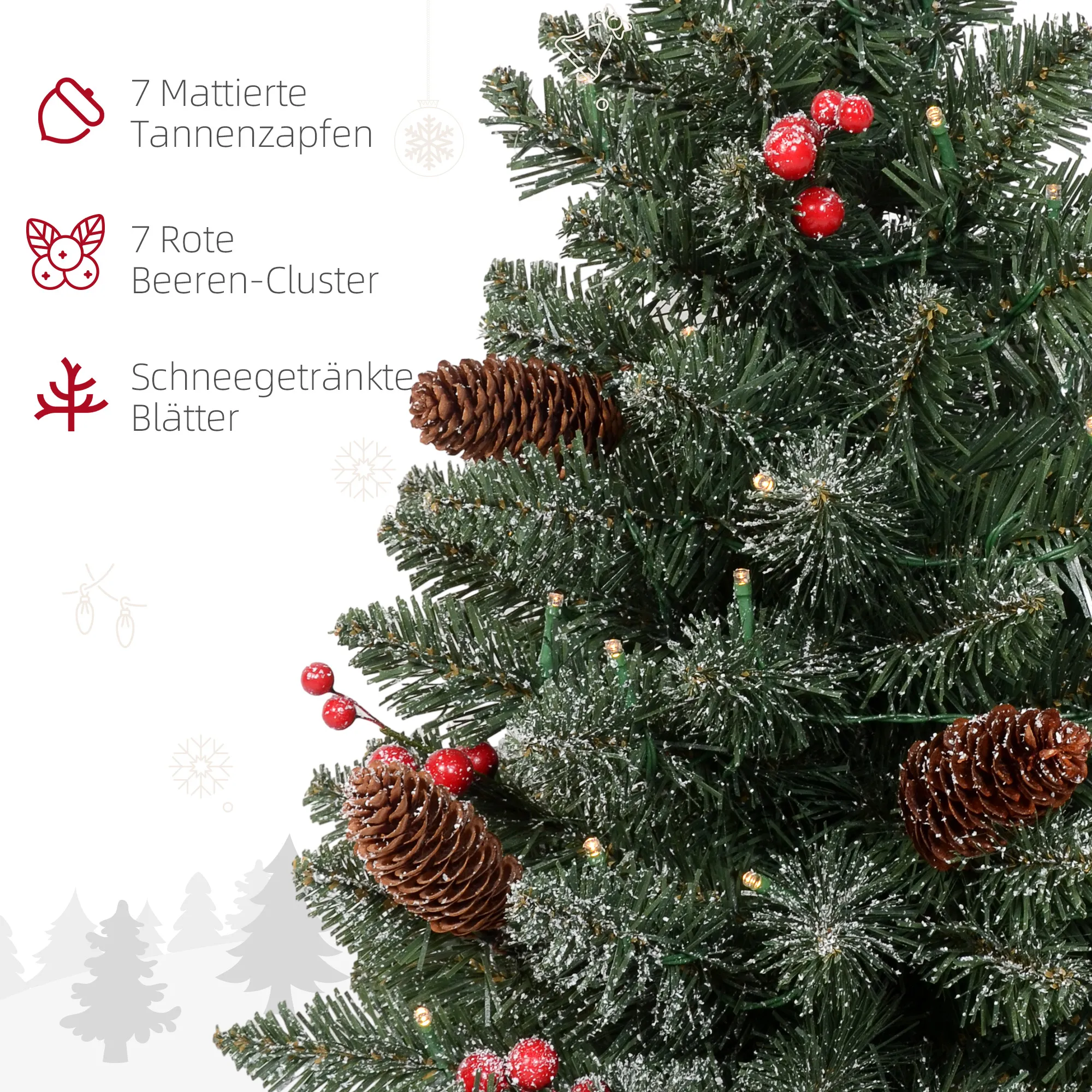 Weihnachtsbaum mit LED-Beleuchtung, 60 cm, Tannenzapfen und rote Beeren, inkl. Ständer, Grün/Weiß