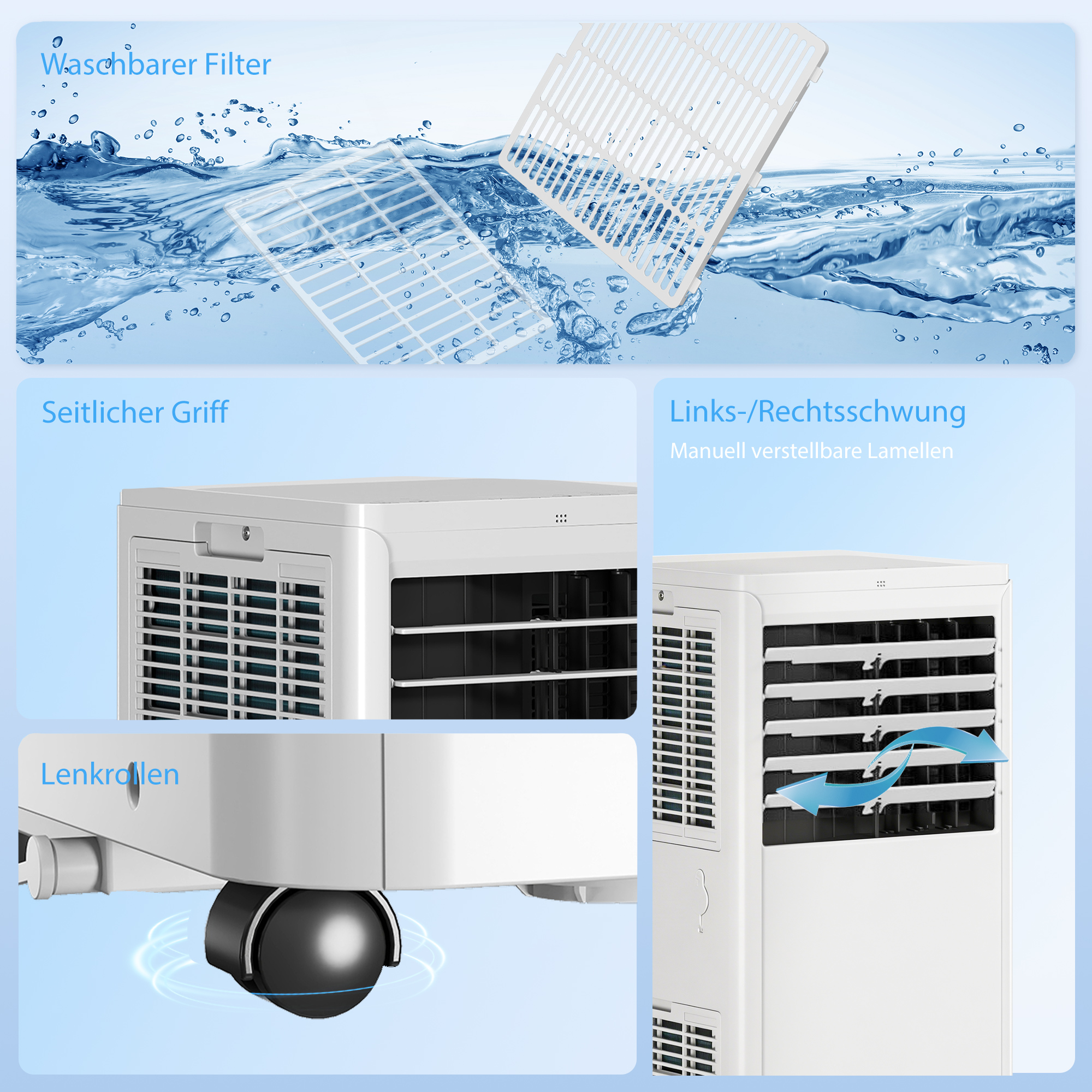 Tragbares Klimagerät 9000 BTU, 4-in-1 mit Kühlung, Entfeuchter, Ventilator, Schlafmodus