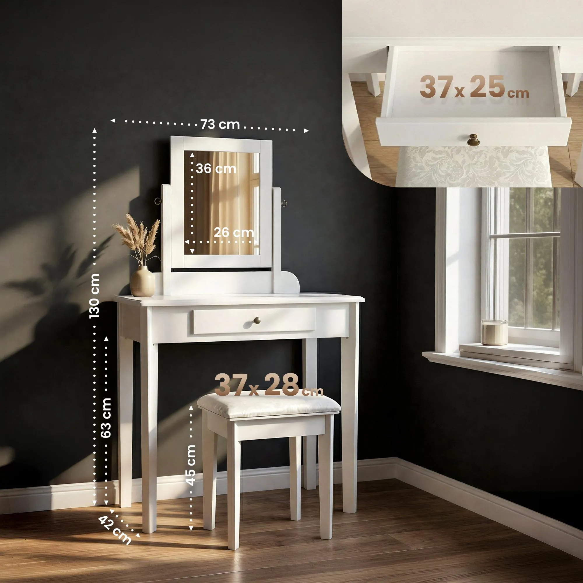 Schminktisch-Set Velia 73x42x130 cm weiß