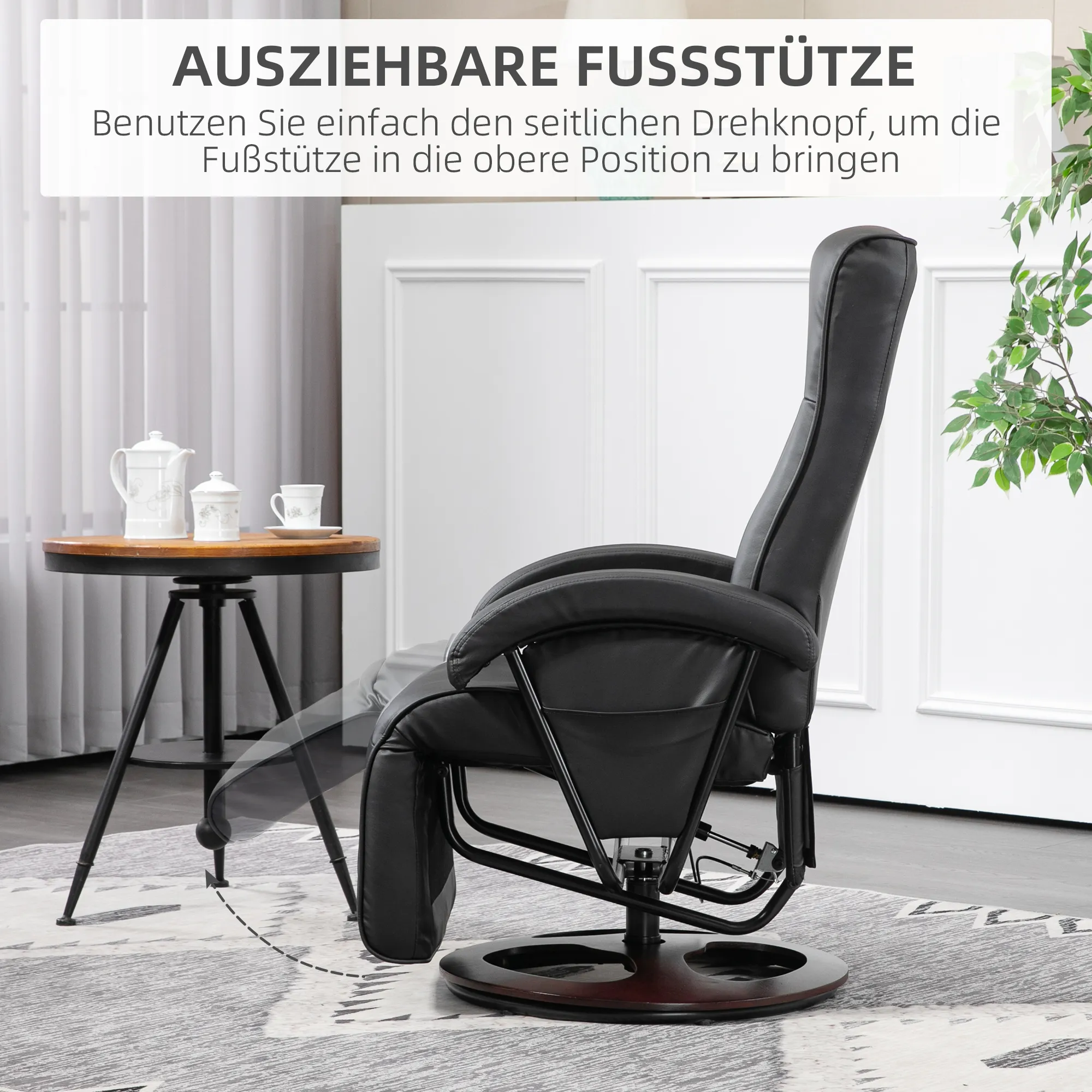 Drehbarer Polsterstuhl, Kunstleder, Fußstütze, Holzbasis, neigbar, Schwarz