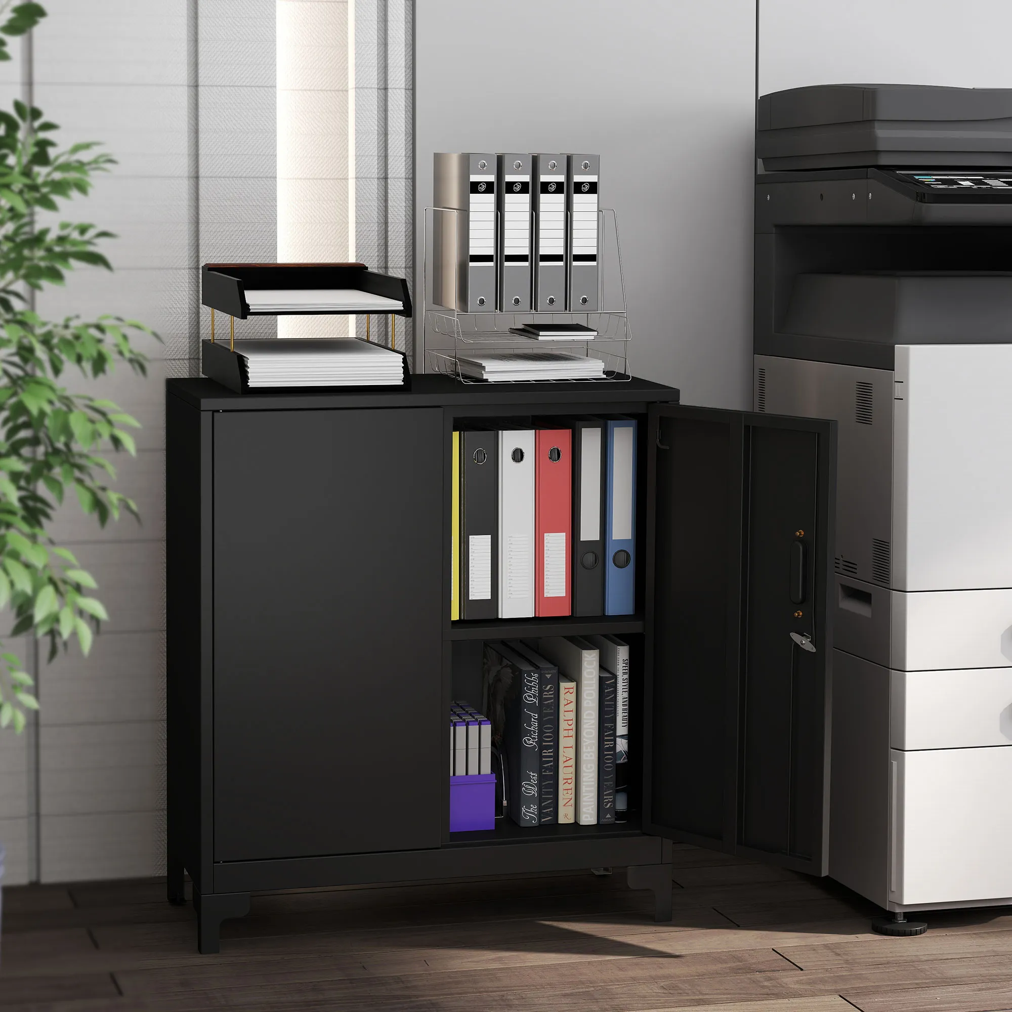 Büroschrank aus Metall, verschließbare Türen, Bürokommode, 2-stufiges Design, Schwarz