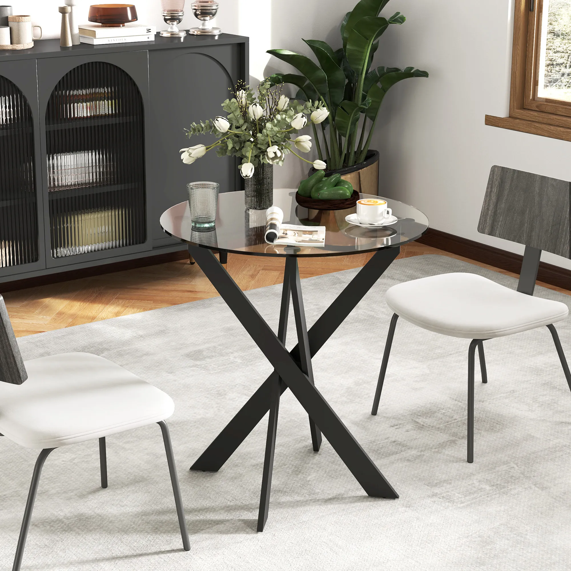 Moderner Glas-Esstisch, 70 cm Durchmesser, Küchentisch mit gehärteter Glasplatte und Metallbeinen, für 4 Personen