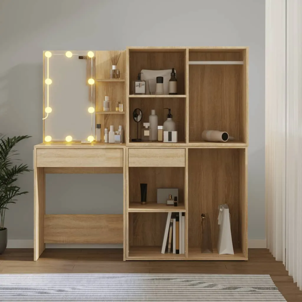 LED-Schminktisch Sonoma-Eiche 60x40x140 cm mit 2 Schränken
