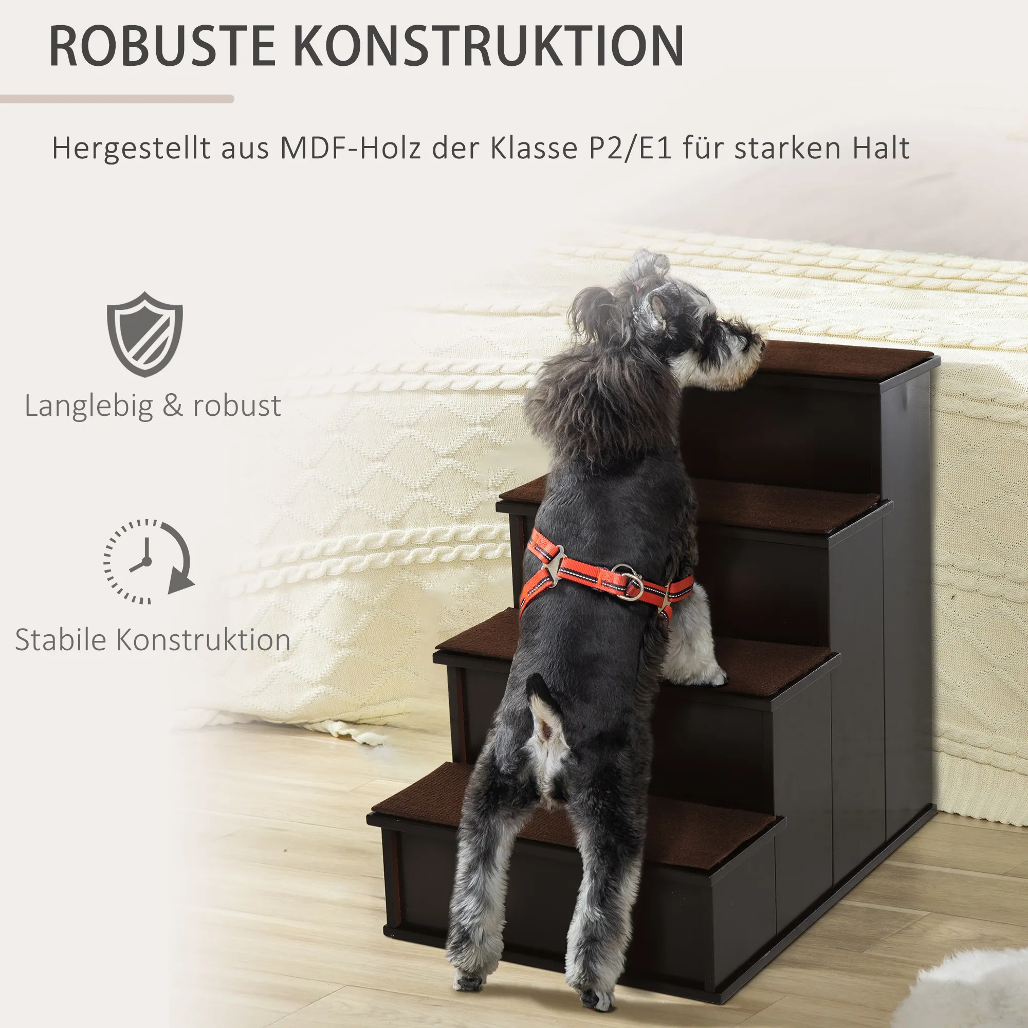 Haustiertreppe für Hunde & Katzen, 4-stufig, MDF, Dunkelbraun