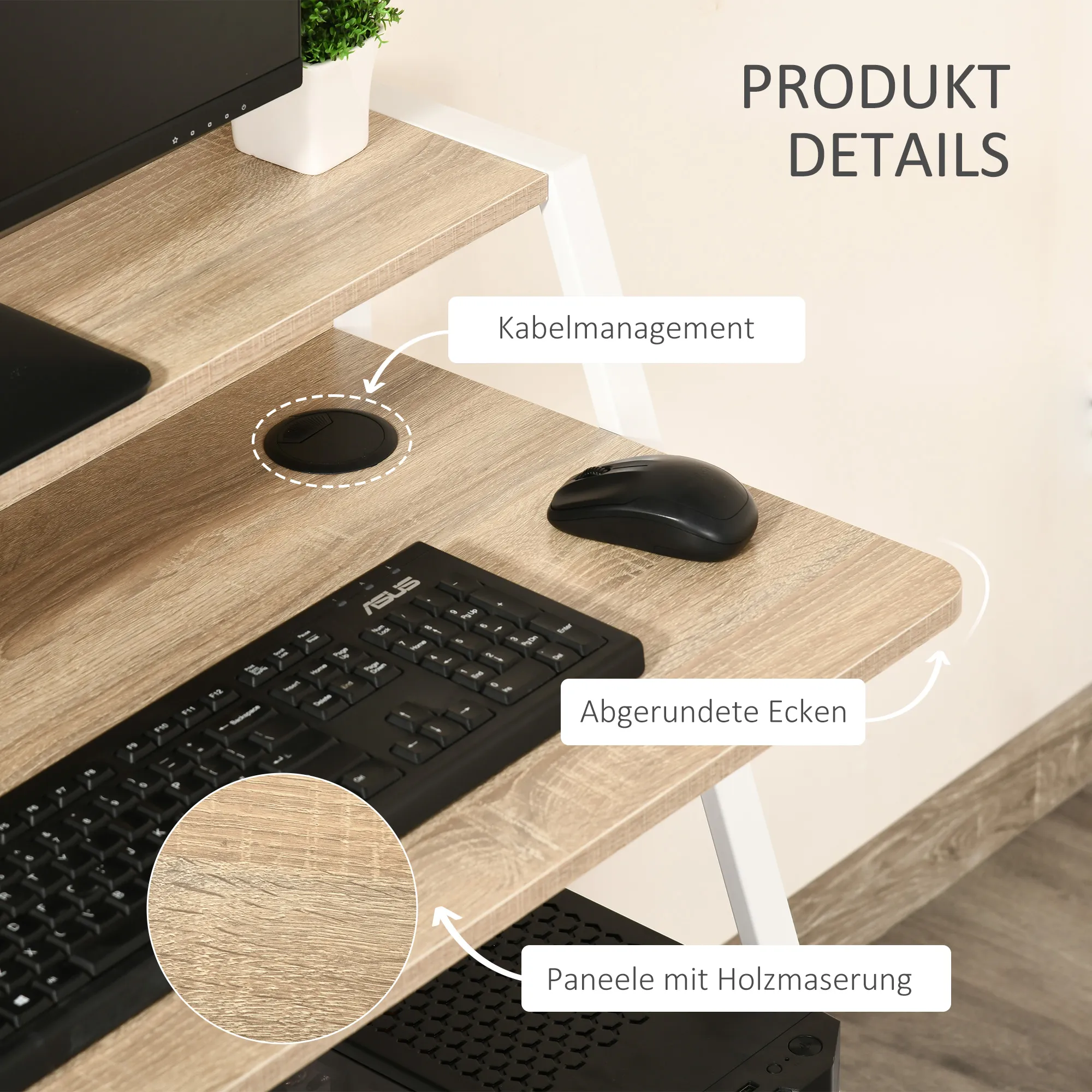 Schreibtisch, Computertisch mit Ablage und Kabel Management, moderner Schreibtisch mit Metallgestell für Arbeitszimmer, Schlafzimmer, Home Office, 84 x 45 x 85 cm, Weiß+Eiche