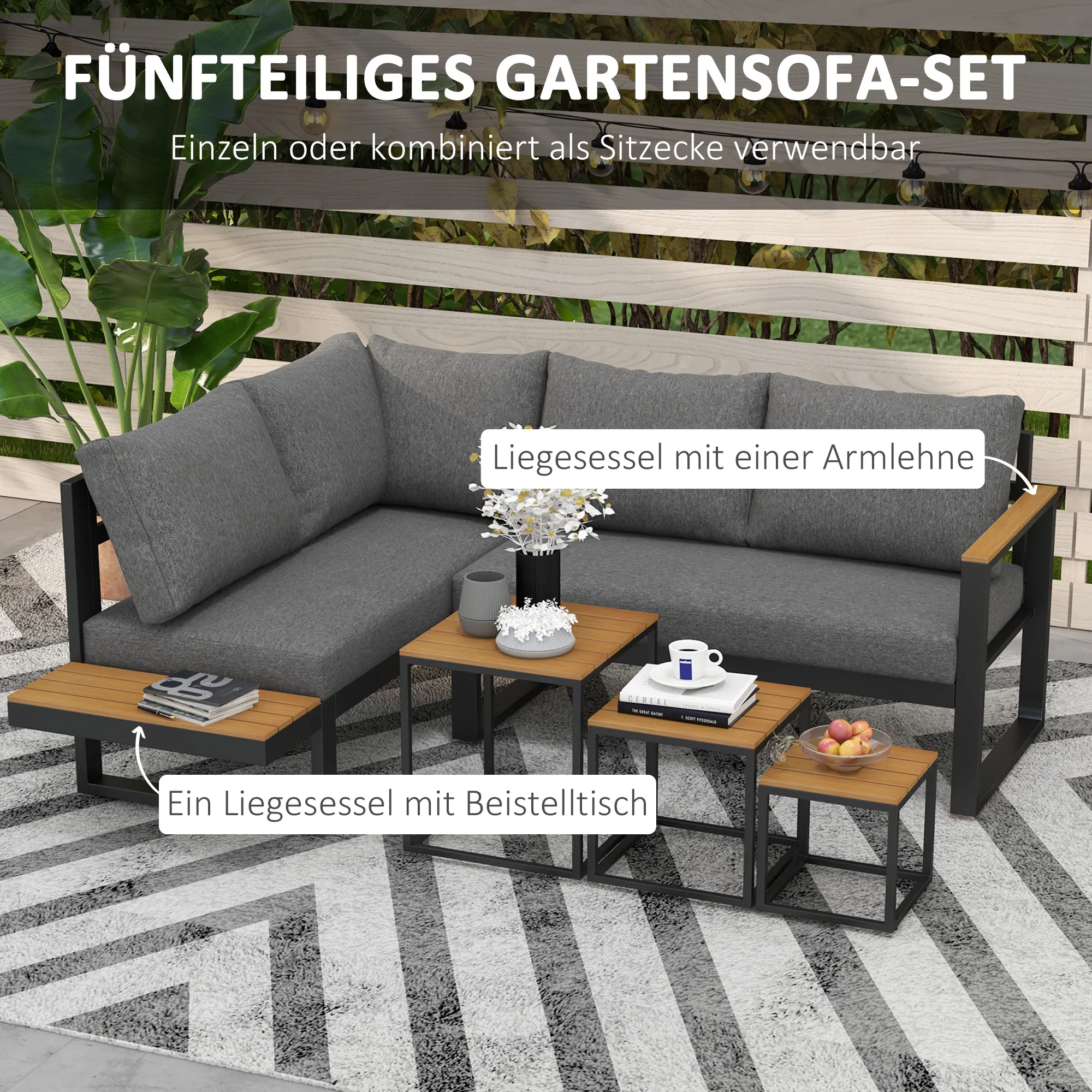 Fünfteiliges Outdoor-Sofa-Set Dunkelgrau 124x61x71,5 cm