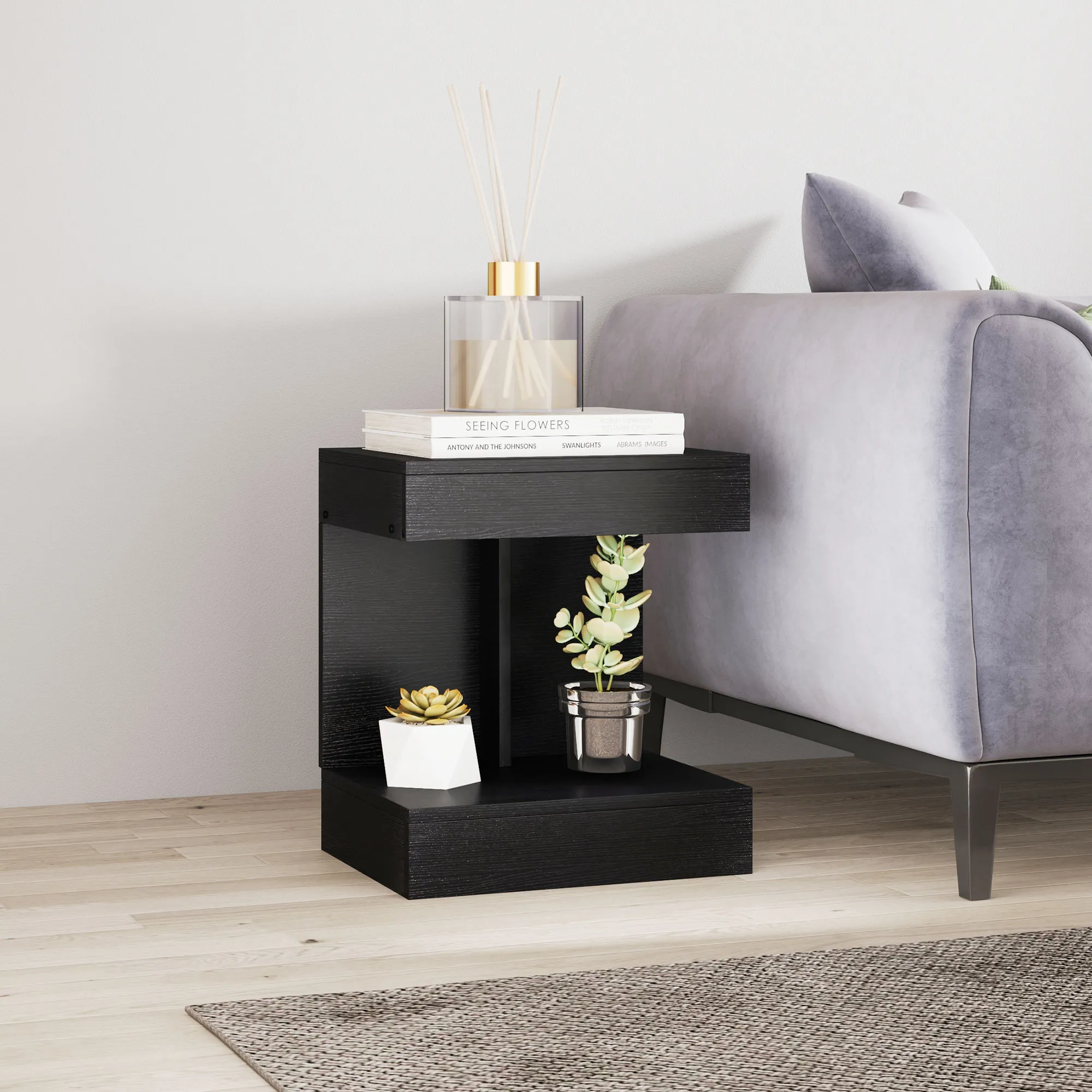 Nachttisch, Beistelltisch mit Schublade und Ablagefach, Moderner Sofatisch mit Regal für verschiedene Räume, Schwarz